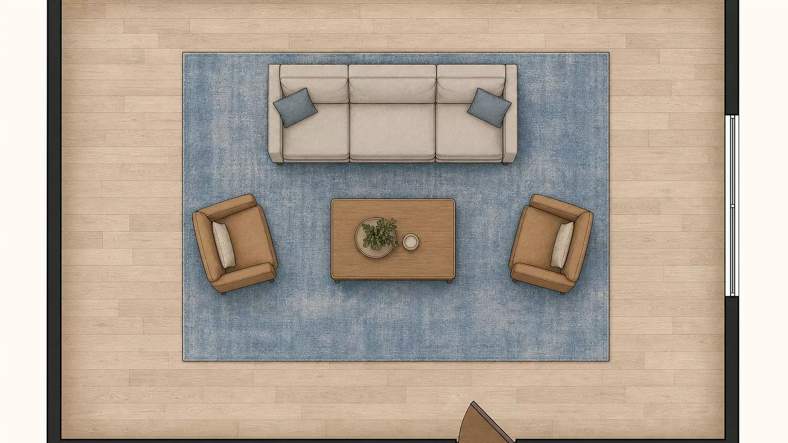 Top-down floor plan diagram showing a large area rug defining a single seating zone with a clear walkway around it