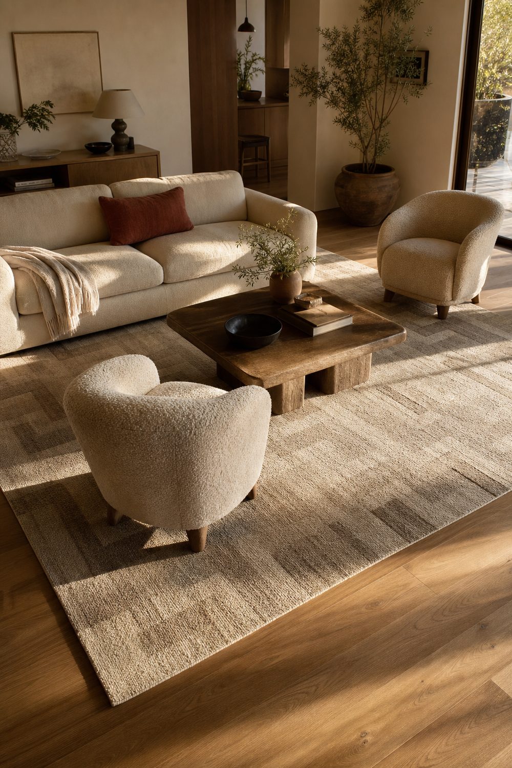 Large wool area rug defining a seating zone with sofa and chairs front legs resting on it in an awkward living room layout