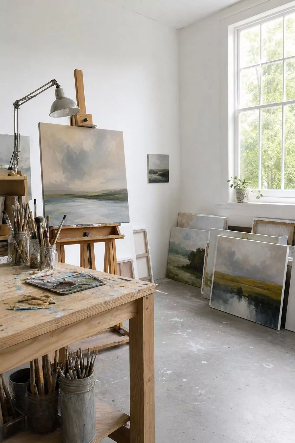 Art studio she shed with an easel, a paint-splattered work table, jars of brushes, and canvases beside a tall bright window