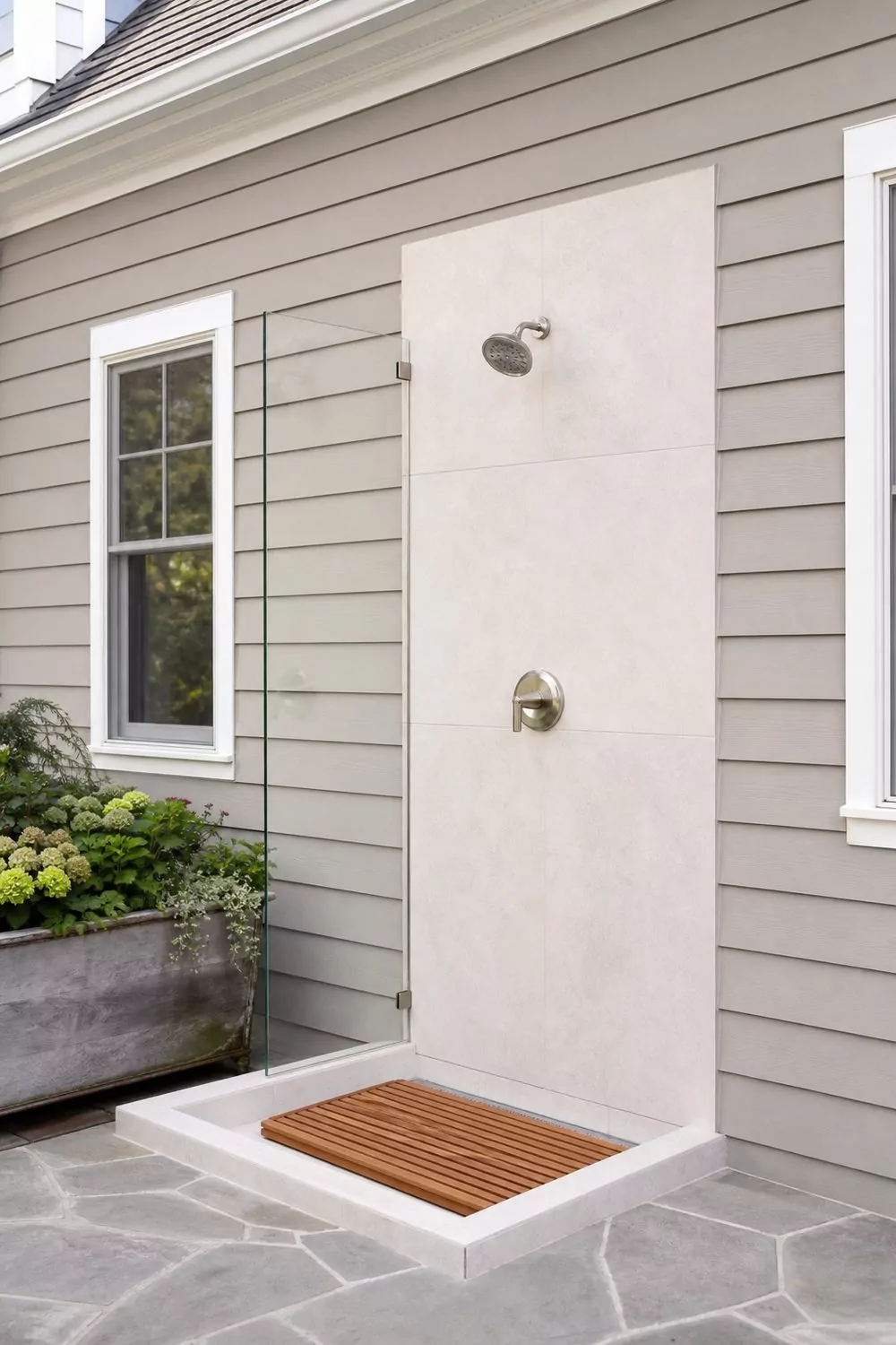 Compact outdoor shower attached to an exterior house wall with a tiled splash panel, brushed nickel head and glass side panel, midday light