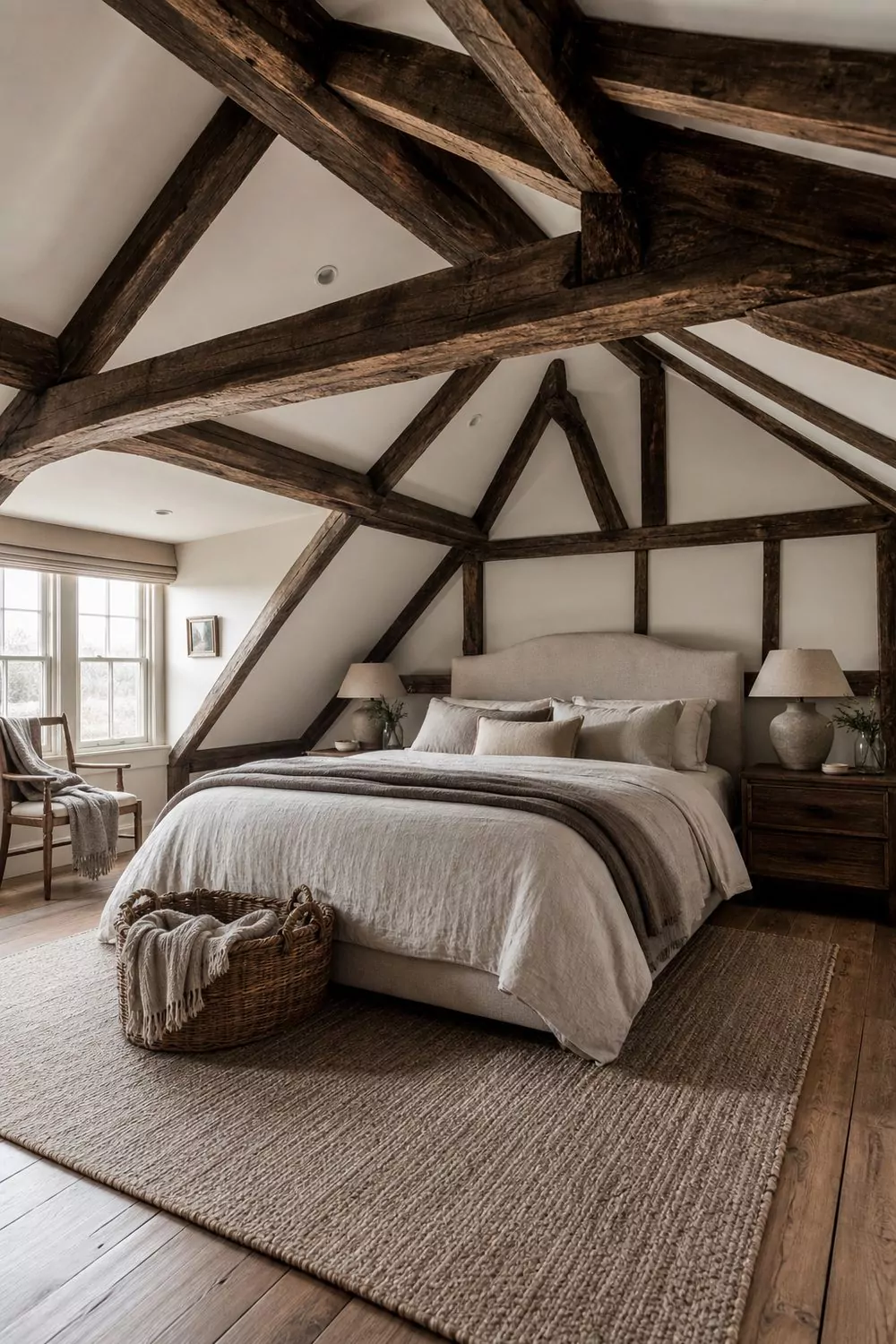 Attic bedroom with dramatic exposed dark timber ceiling beams, white plaster between rafters, linen upholstered headboard and taupe bedding