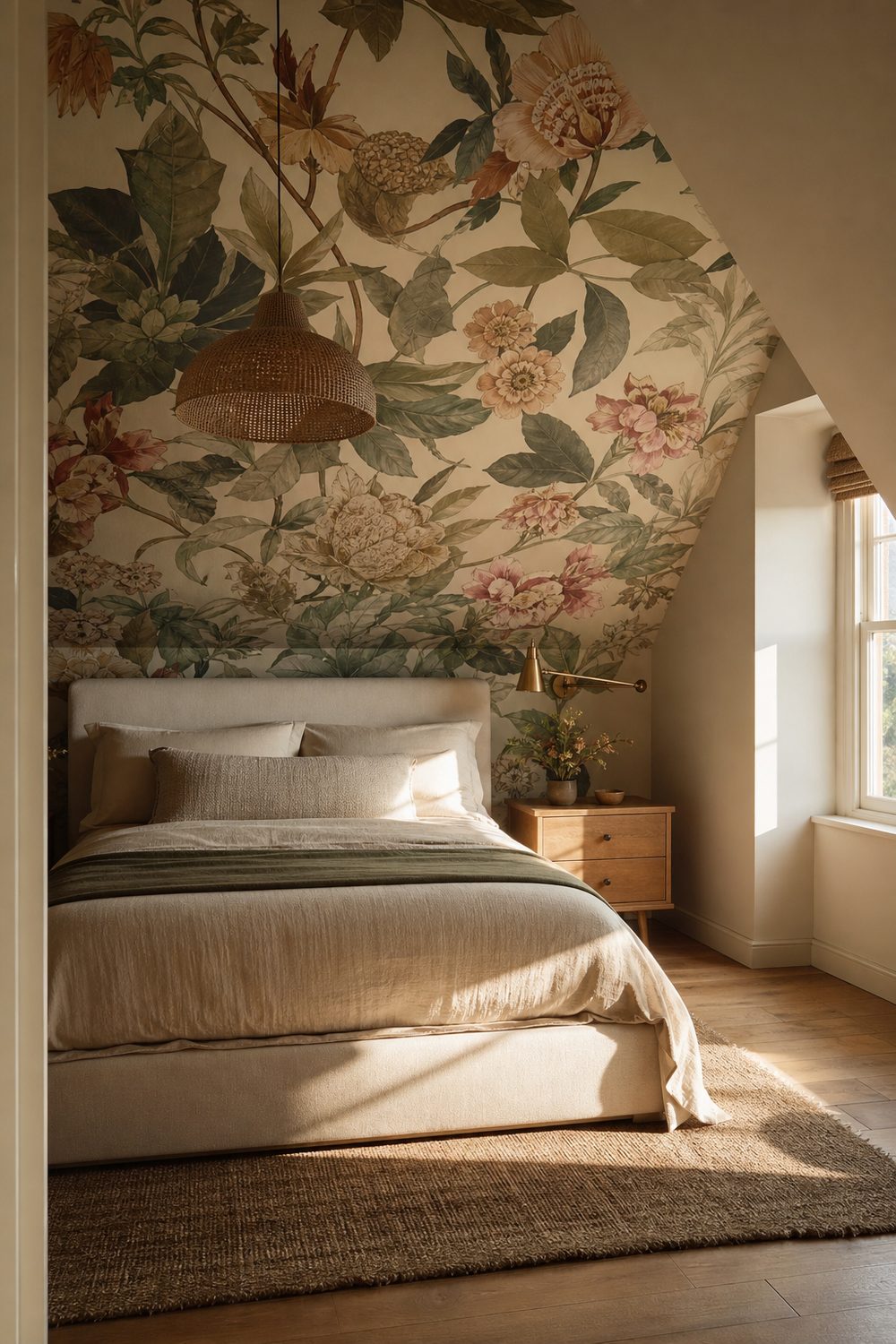 Attic bedroom with large scale botanical statement wallpaper covering the sloped ceiling, neutral linen bed and a rattan pendant light