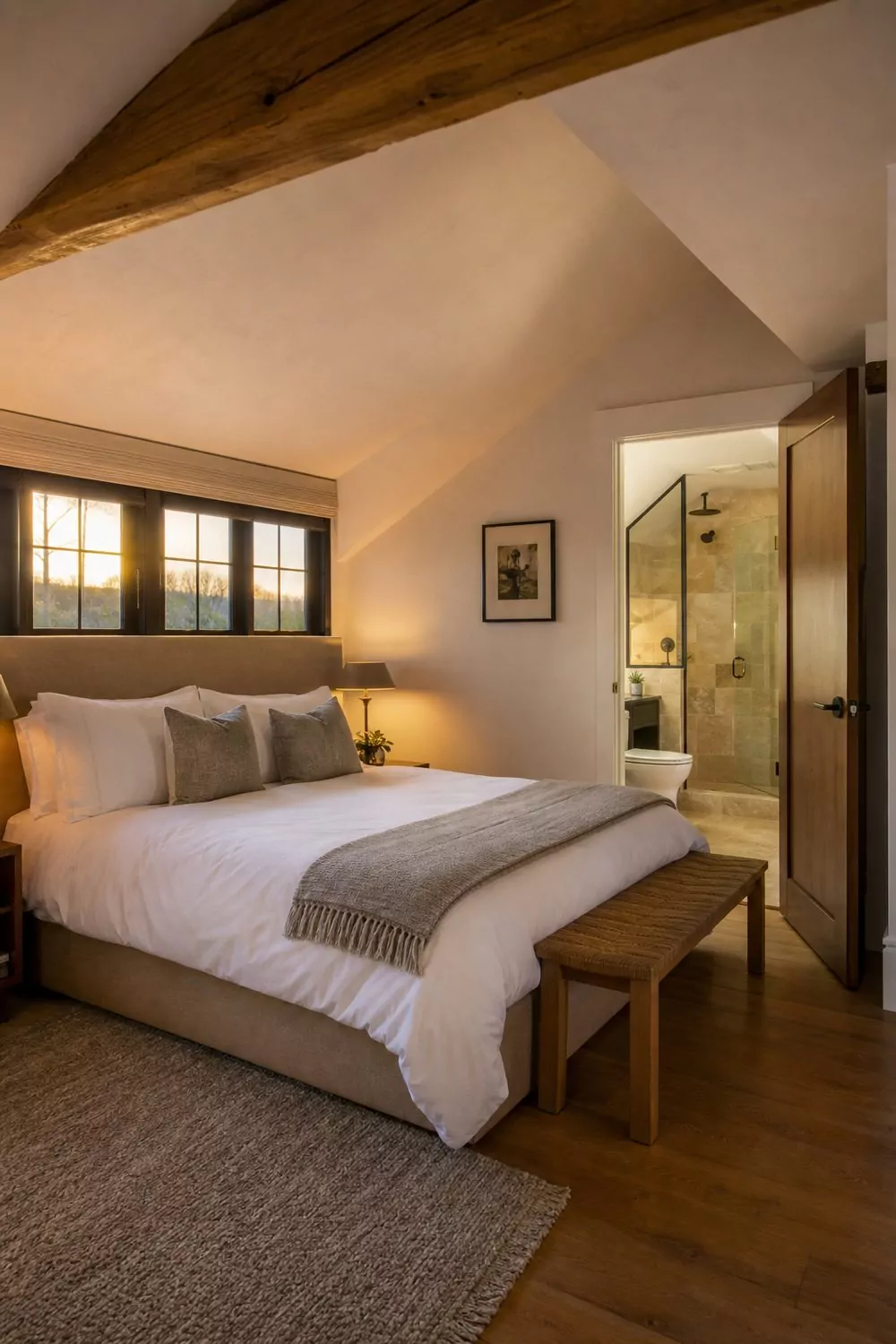 Attic guest bedroom with hotel style white bedding, sloped ceiling with a timber beam and an open door revealing a tiled ensuite shower
