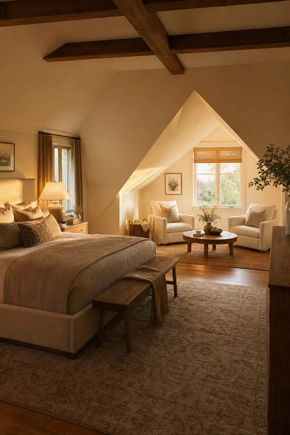 Attic master bedroom with an upholstered king bed and a separate sitting area with two linen armchairs and a round table beneath a dormer