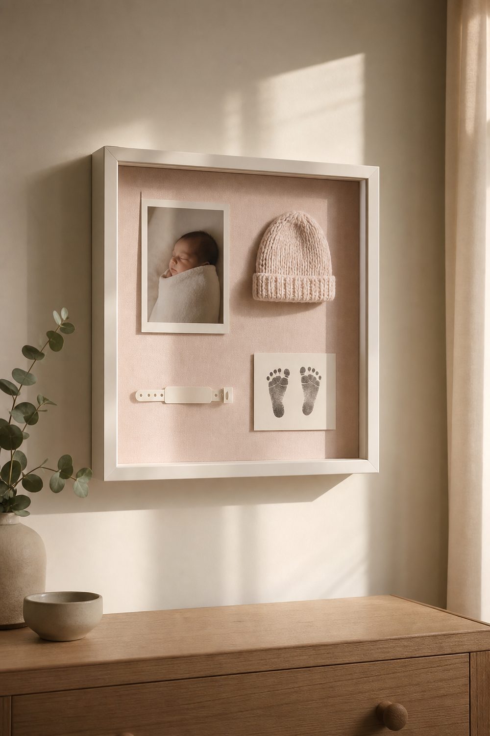 Baby milestone shadow box with a hospital bracelet, footprint card and tiny hat on blush and cream in a soft white frame