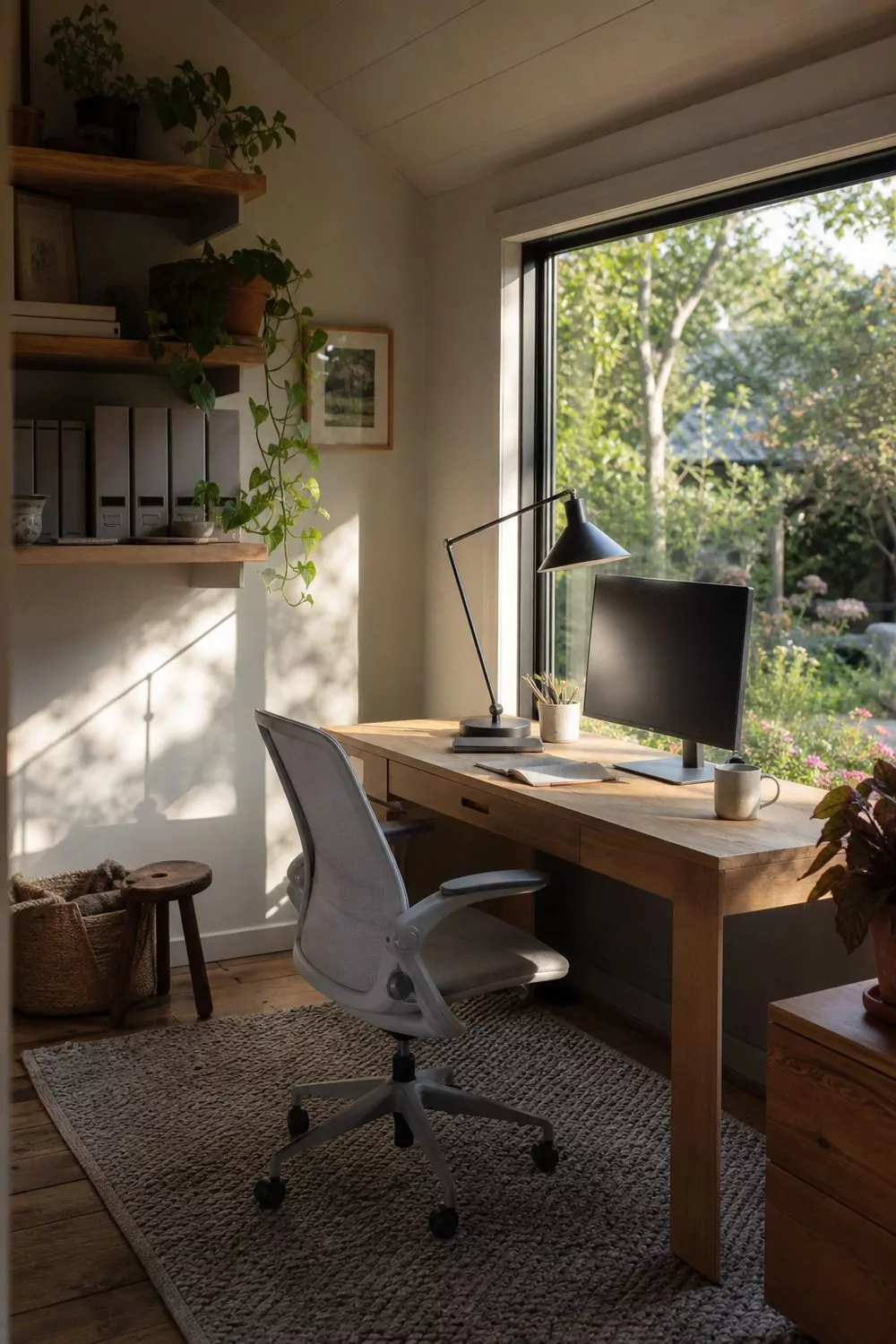 Backyard she shed home office with an oak desk facing a garden window, an ergonomic chair, and shelves of plants and files