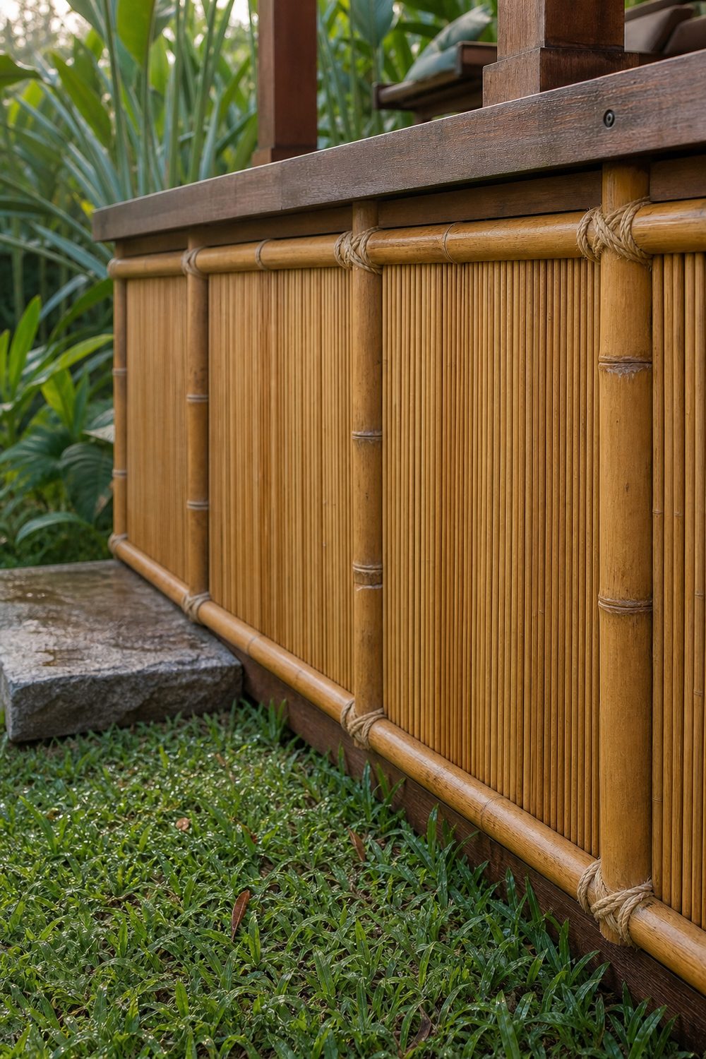 Bamboo Screen Deck Skirting on a raised backyard deck, natural golden bamboo poles, soft morning light from the east