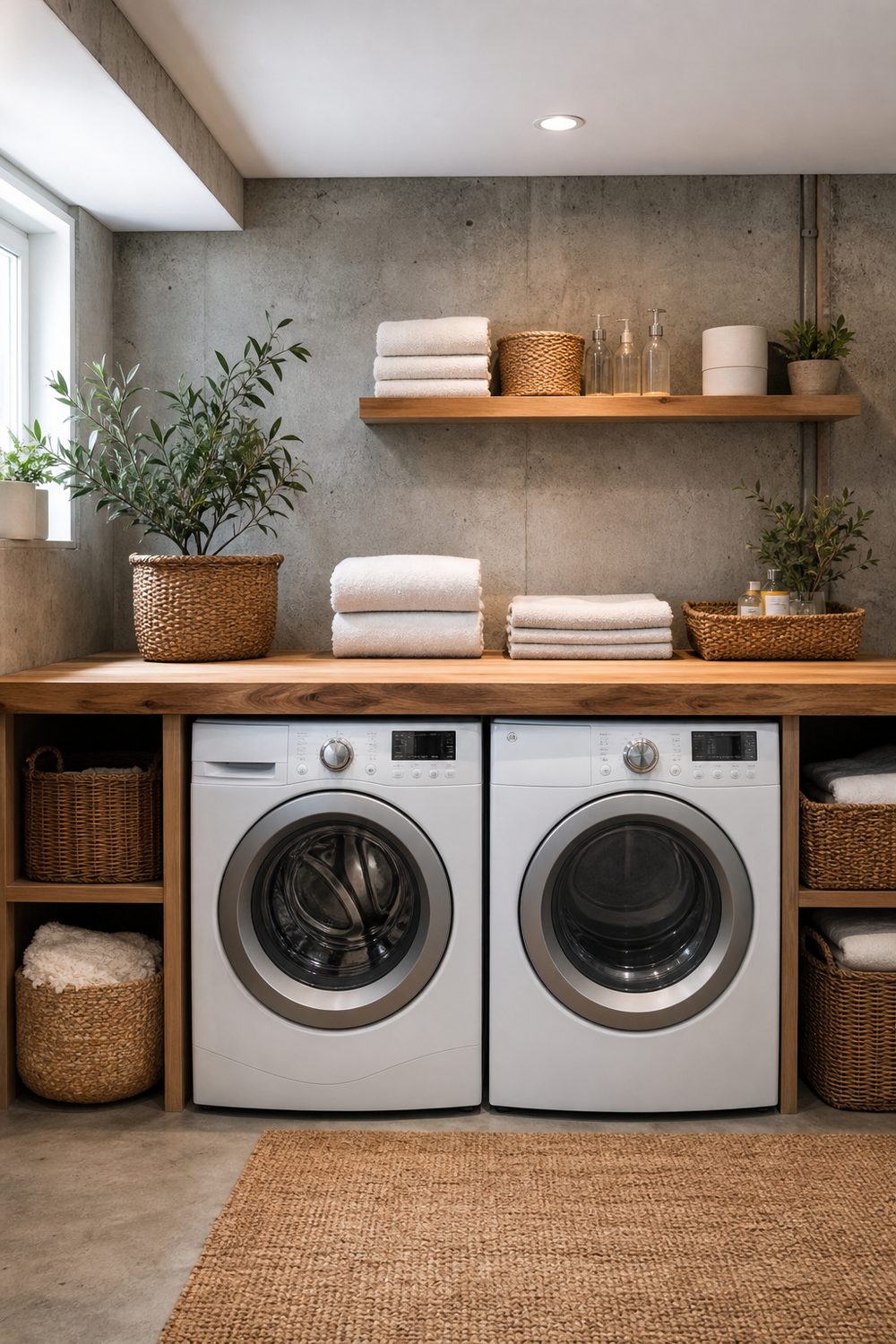 Basement laundry folding station with a butcher-block counter over front-load machines, folded towels and woven baskets