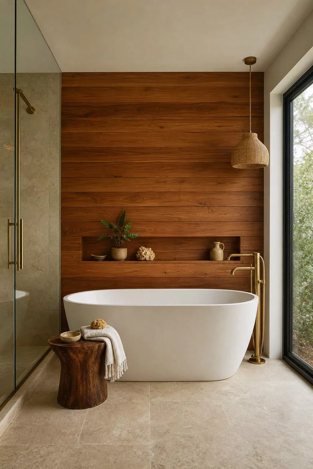 Sealed teak wood accent wall behind a matte white freestanding tub with pale limestone tile in a spa-like bathroom