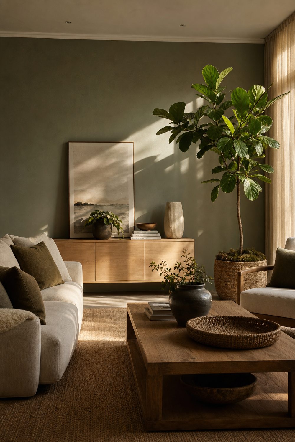 Biophilic green IKEA living room with muted sage walls, olive pillows, a light oak console, and large leafy plants