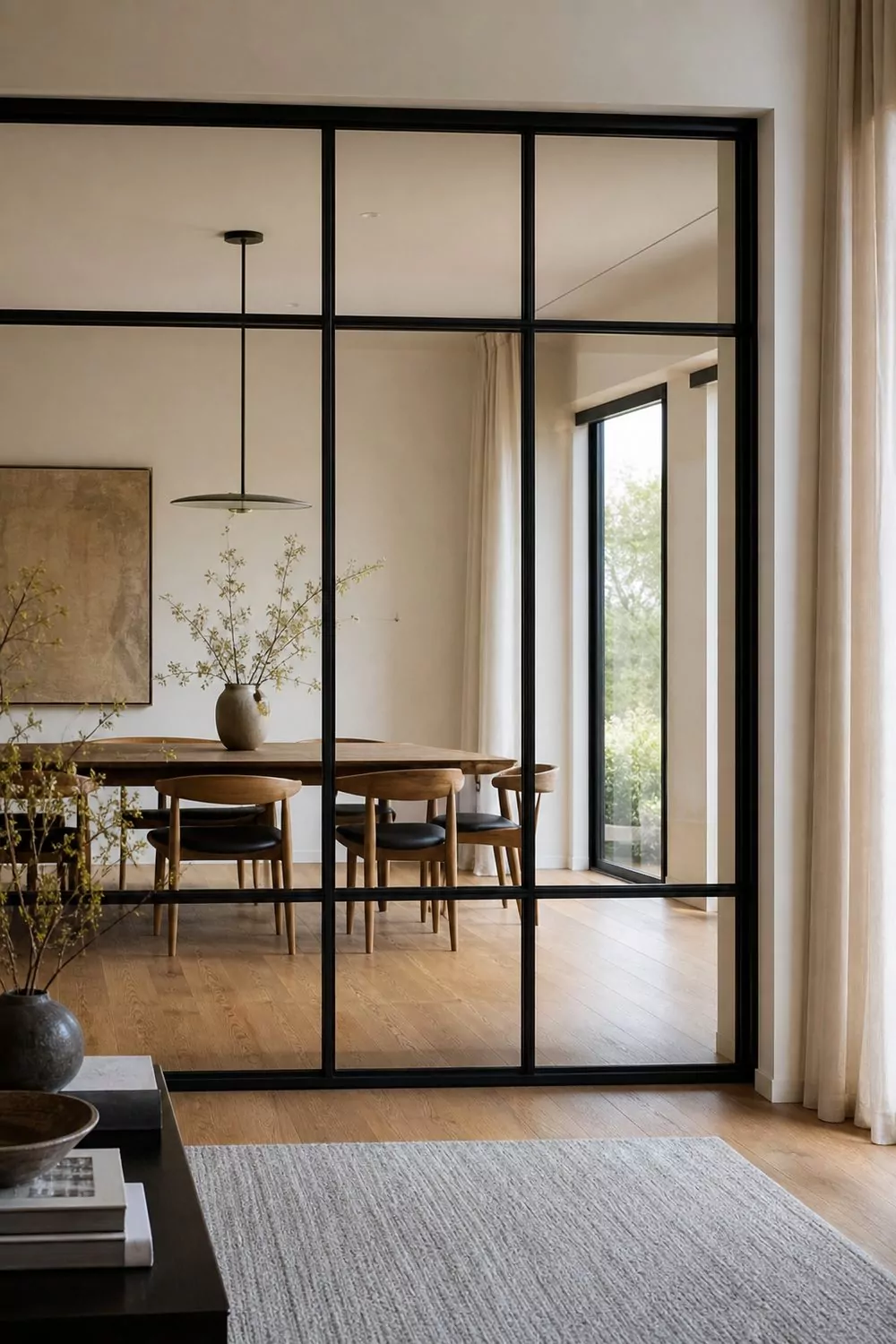 Black framed gridded glass partition dividing a contemporary dining room from a living space with oak floors running through