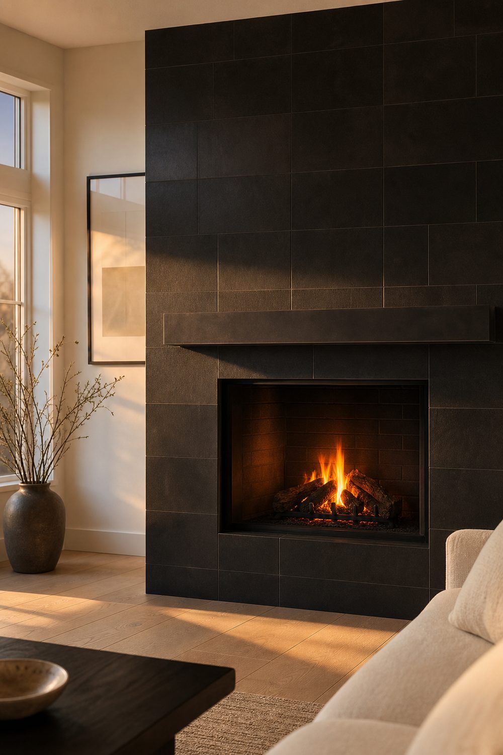 Bold matte black tile fireplace surround against light walls and pale oak floors with a minimal blackened steel mantel