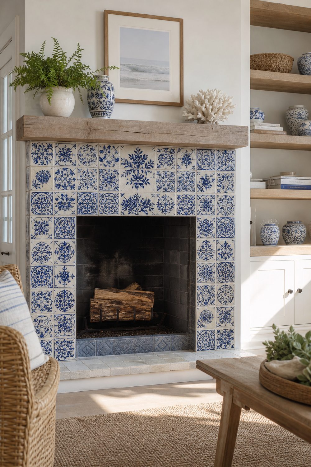 Cheerful fireplace surround in hand-painted indigo and white patterned tile in a coastal cottage living room