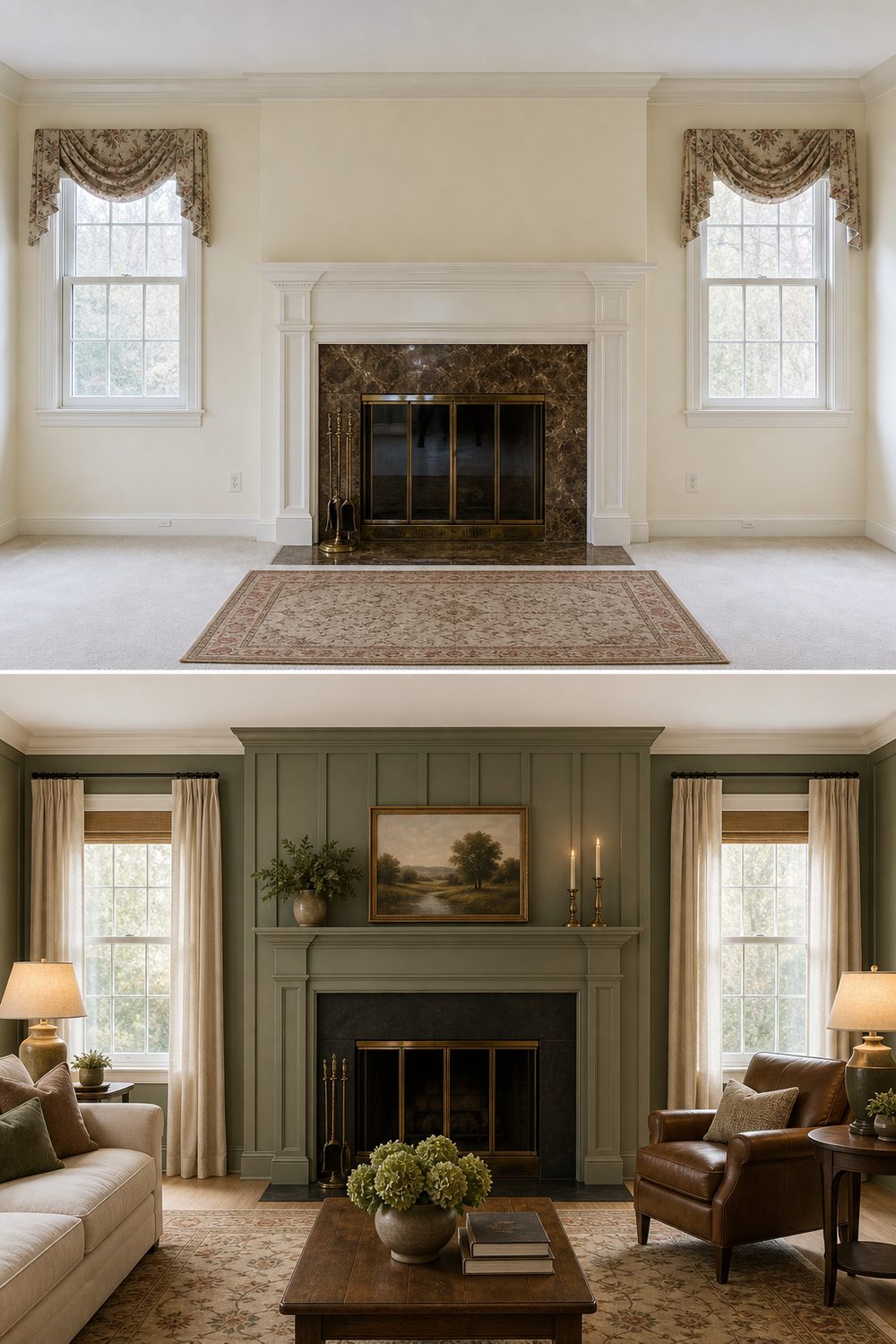 Before and after of a board and batten fireplace wall painted soft sage green