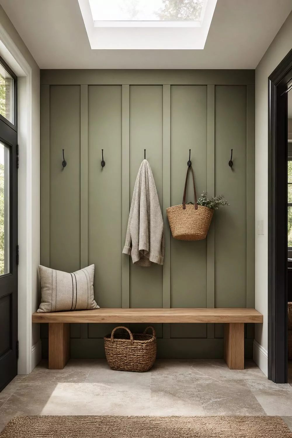 Sage-green board and batten accent wall with vertical battens above a white oak bench in an entryway