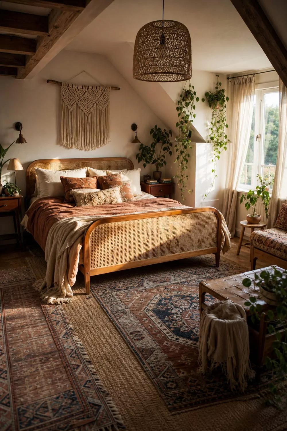 Boho attic bedroom with a cane headboard bed, layered kilim rugs, woven rattan pendant, macrame wall hanging and trailing plants