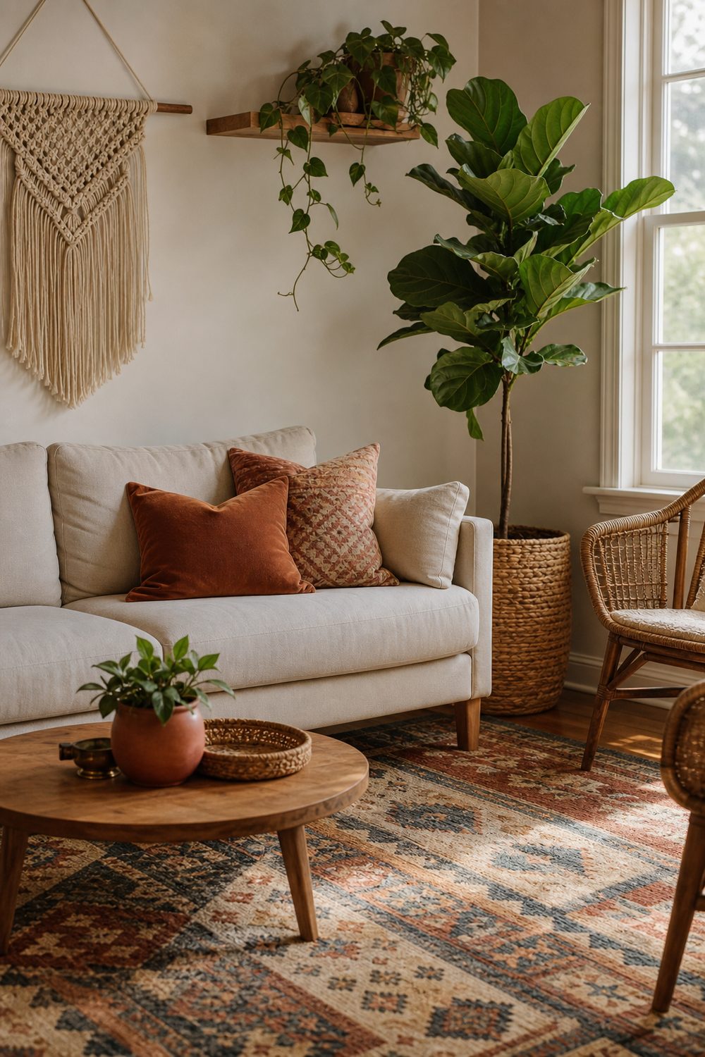 Boho IKEA living room with a kilim rug, macrame wall hanging, rattan chair, and a tall fiddle leaf fig plant
