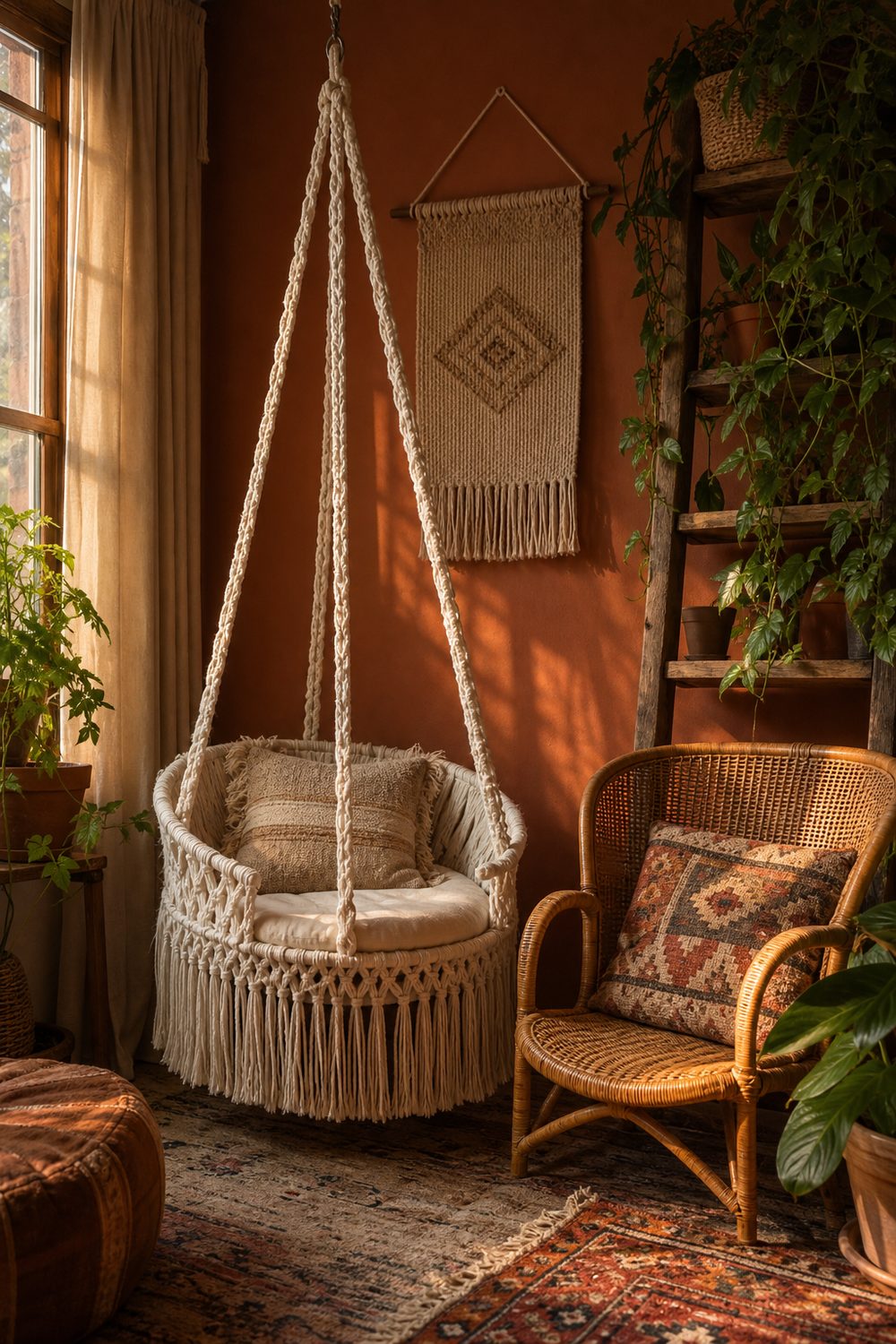 Boho corner with handwoven macrame cat swing with fringe hanging beside a rattan chair and terracotta wall