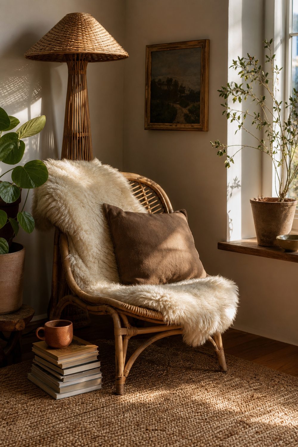 Cozy bohemian reading nook with a low rattan chair, sheepskin throw, and a small stack of books in a window corner