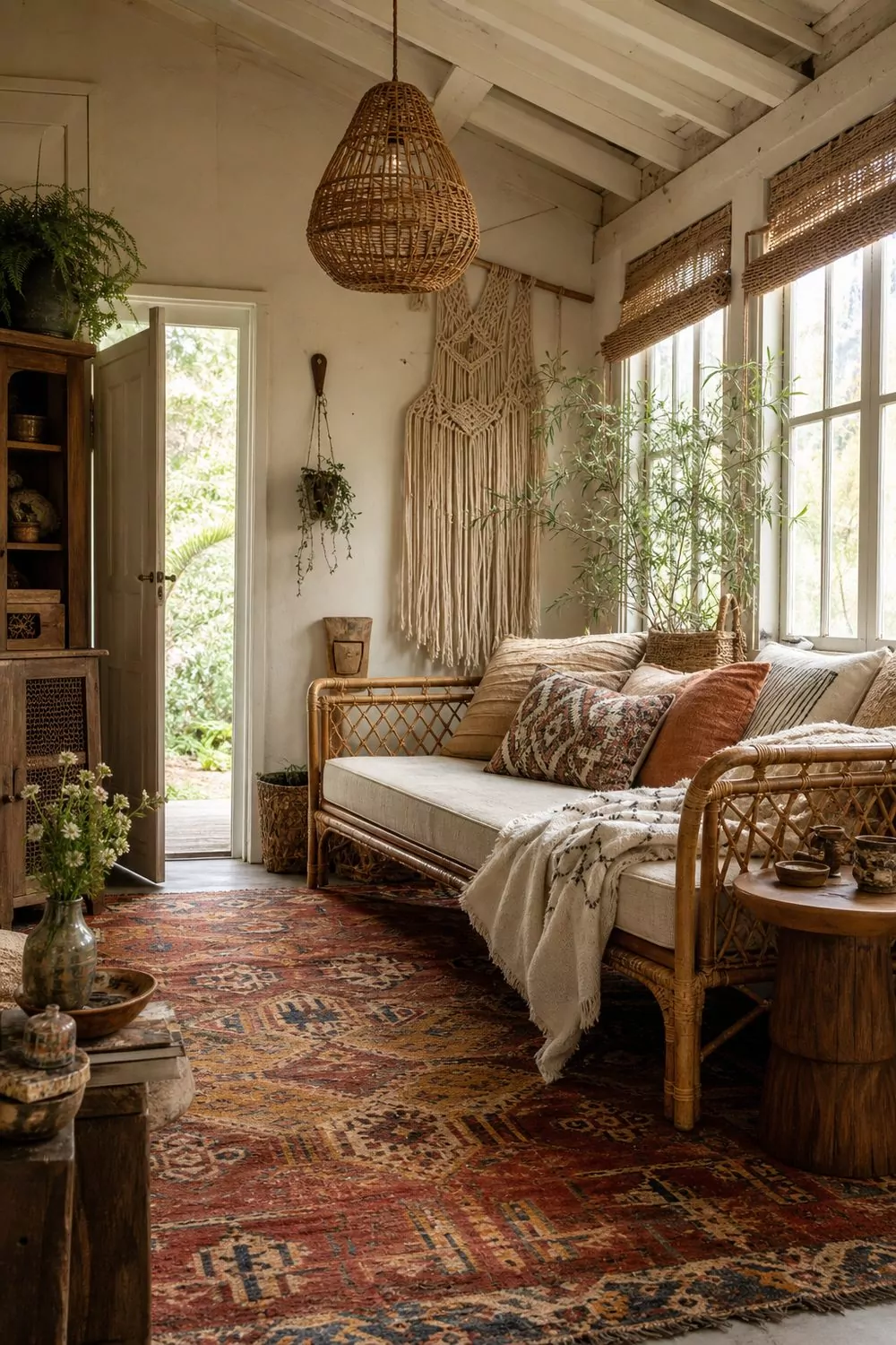 Boho she shed lounge with a cane daybed, a vintage kilim rug, hanging macrame, a rattan pendant light, and layered textures