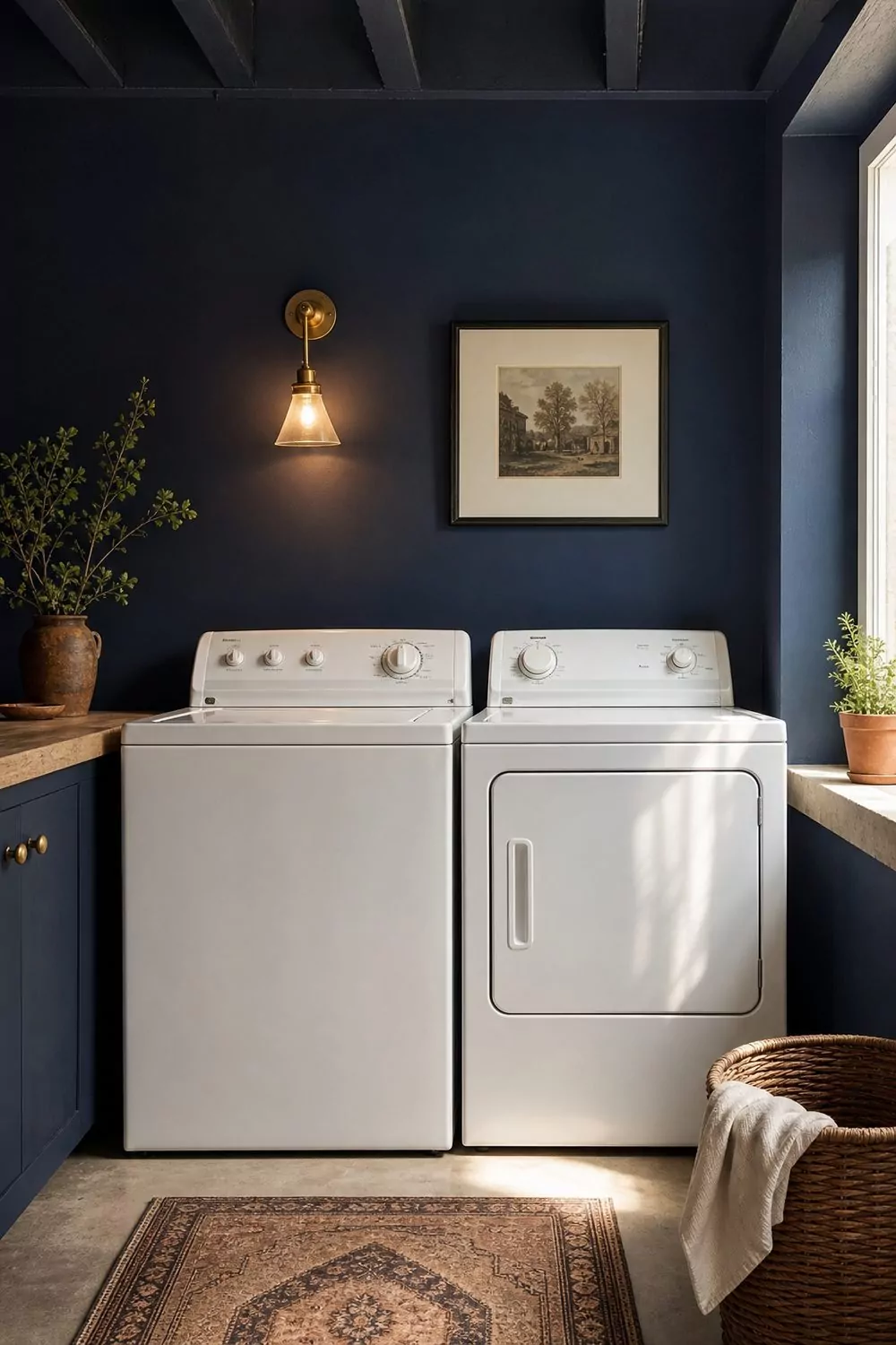 Deep navy accent wall behind a white washer and dryer with a brass sconce and small framed print in a basement laundry room