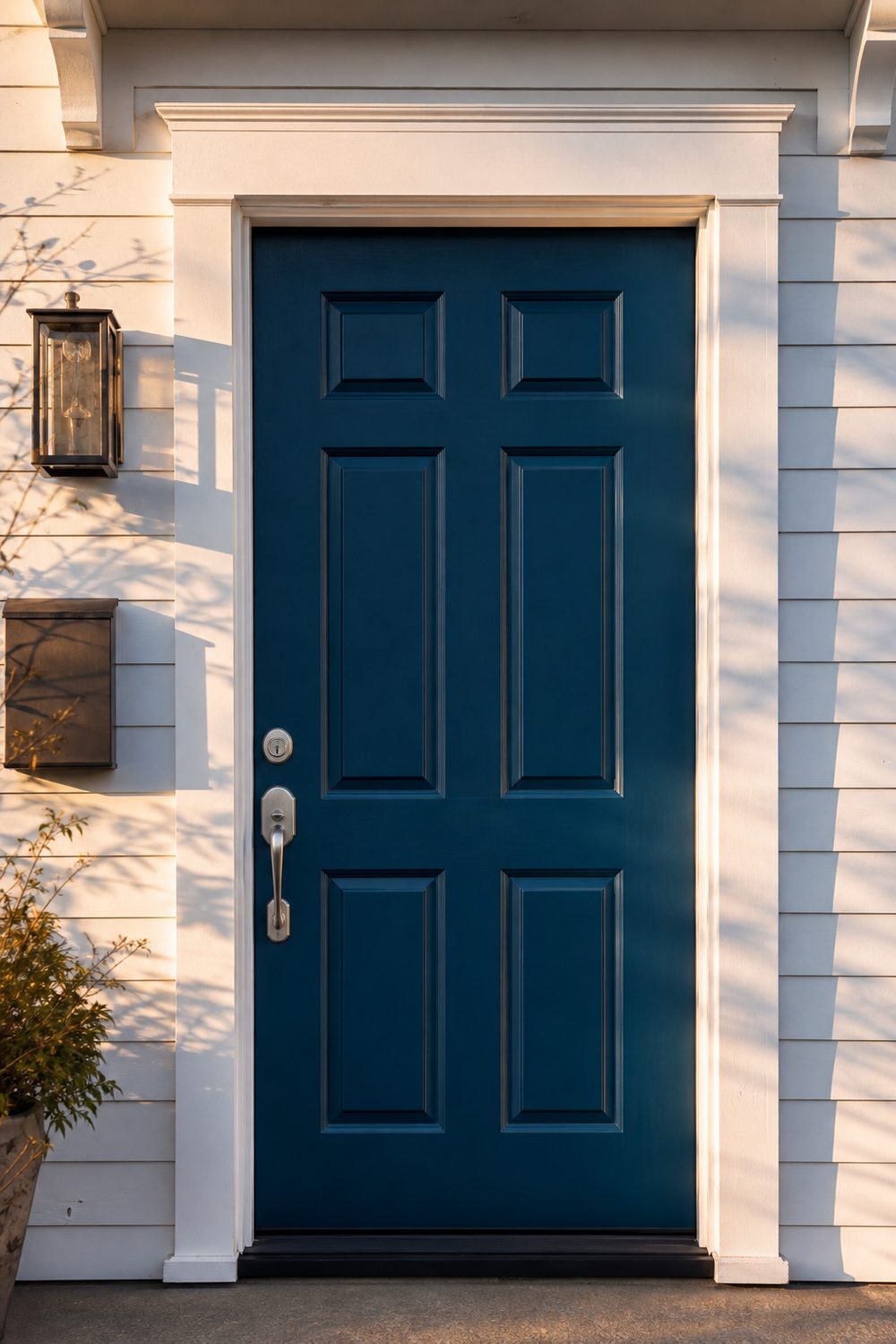 Front door painted rich satin peacock blue against white siding and trim, glowing in warm golden hour light