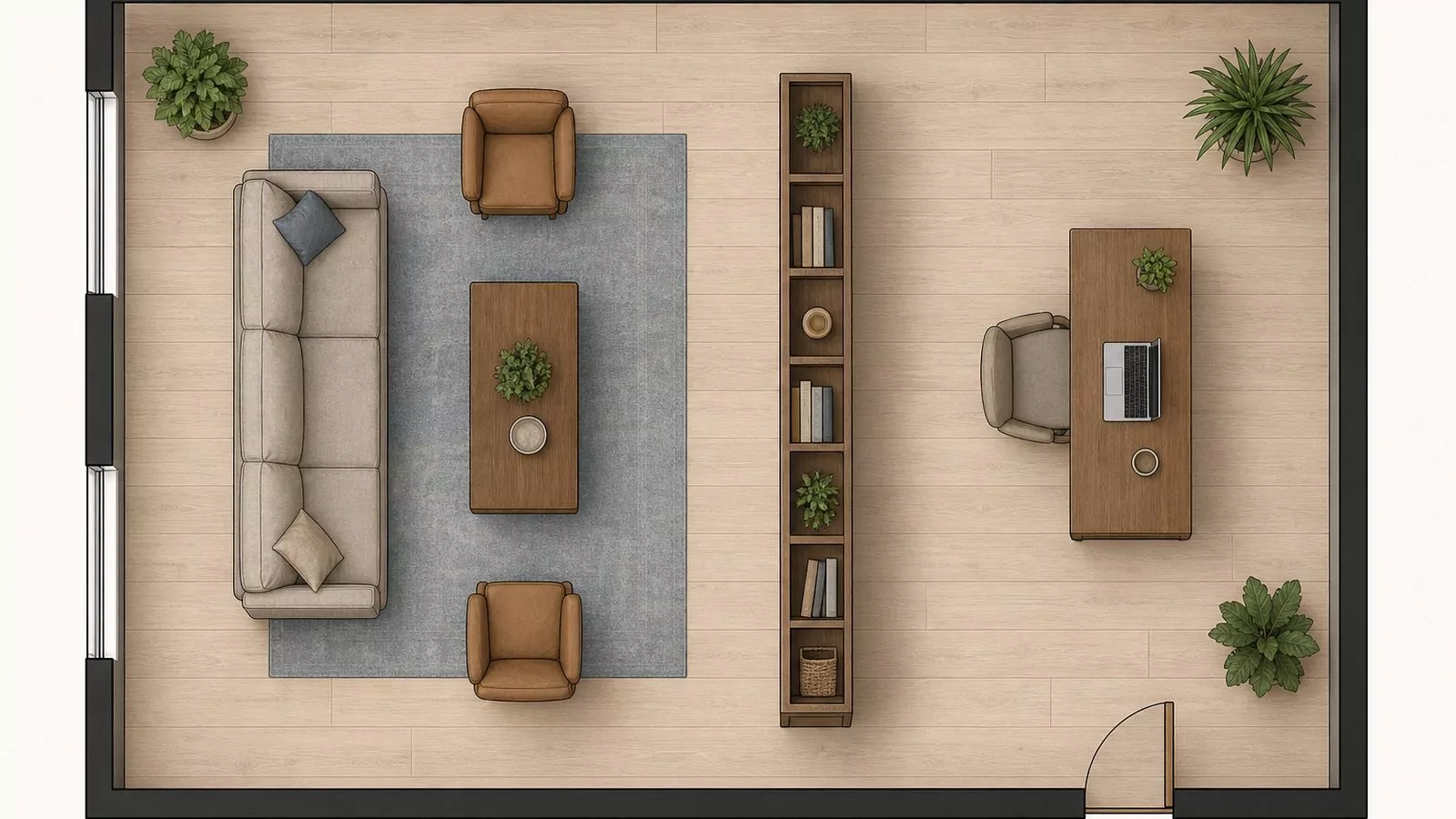 Top-down floor plan diagram with an open bookshelf dividing a living area from a small office corner