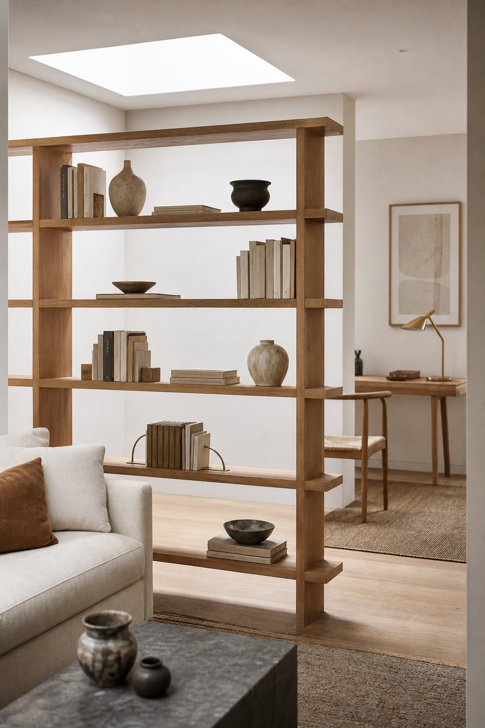 Open-backed bookshelf used as a room divider between a living area and a small office corner in an awkward living room layout