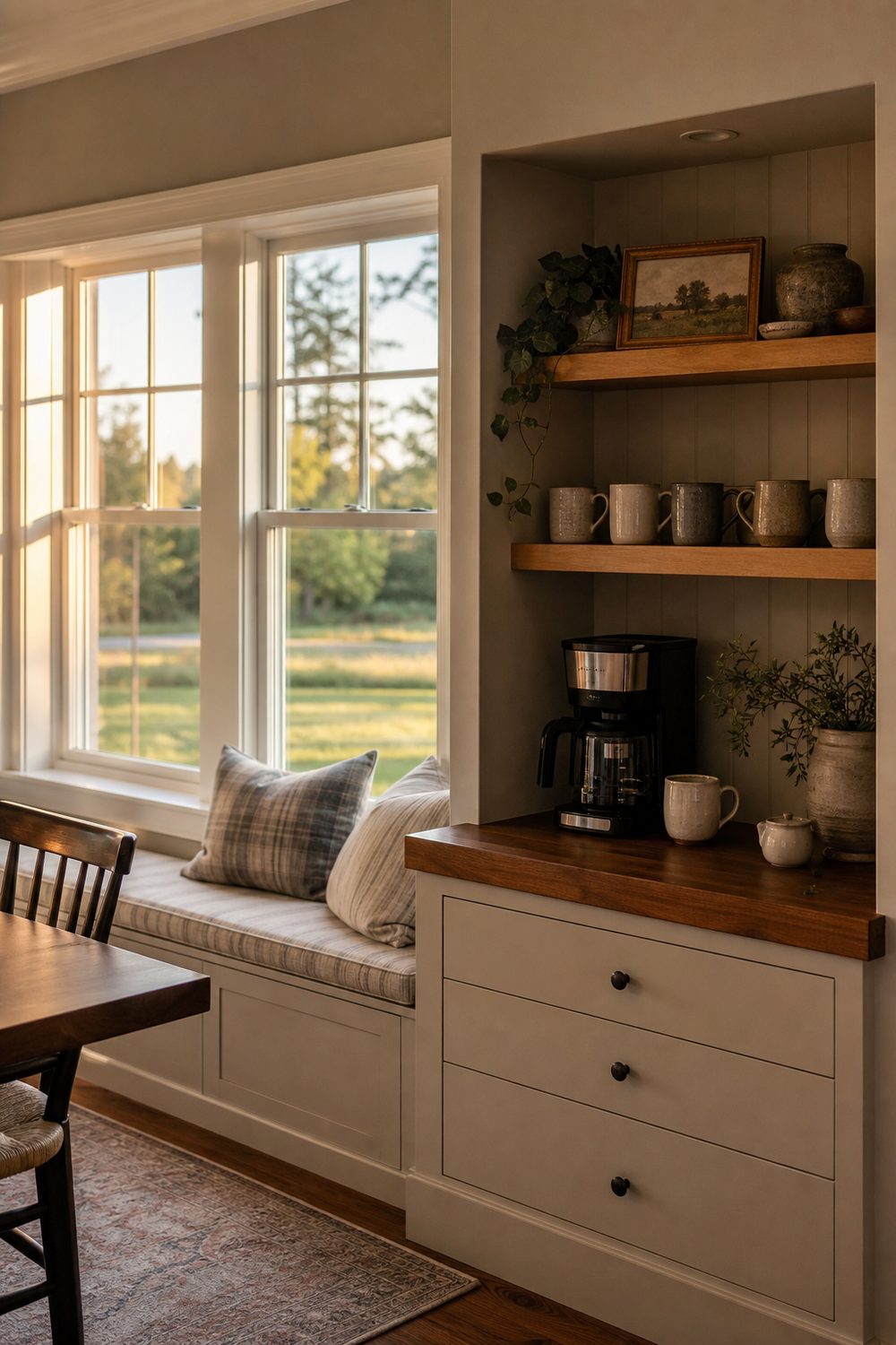 Breakfast nook coffee station on a small built-in counter beside a bench with ceramic mugs and a drip machine