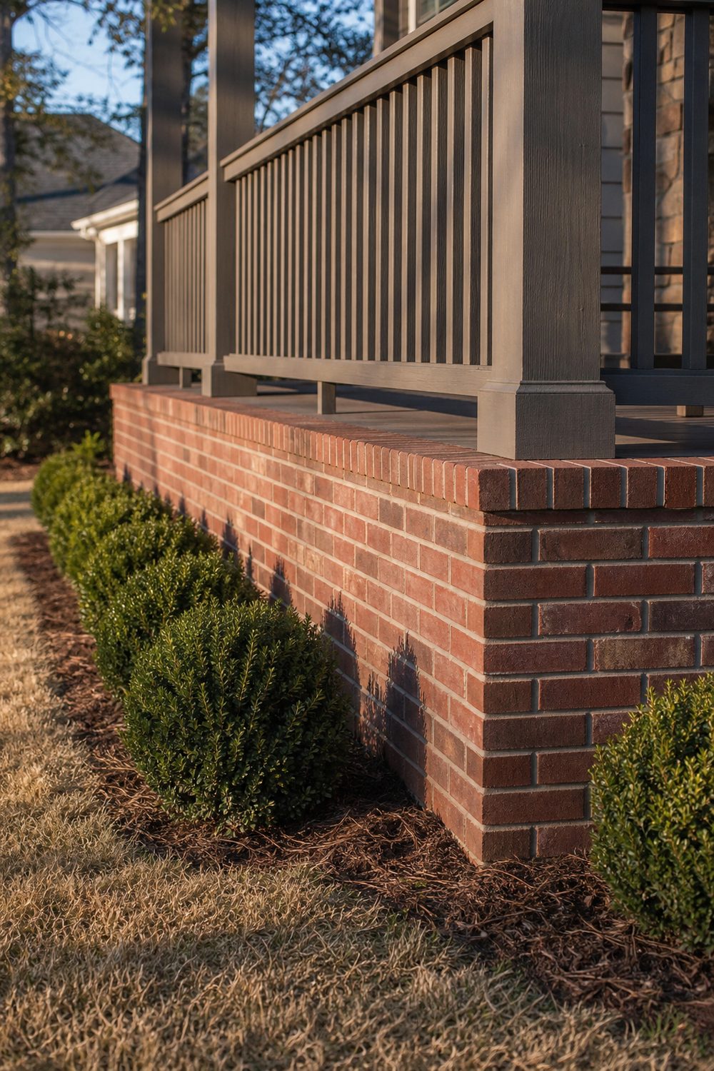 Brick Base Deck Skirting on a raised backyard deck, weathered red clay brick, warm afternoon light from the right