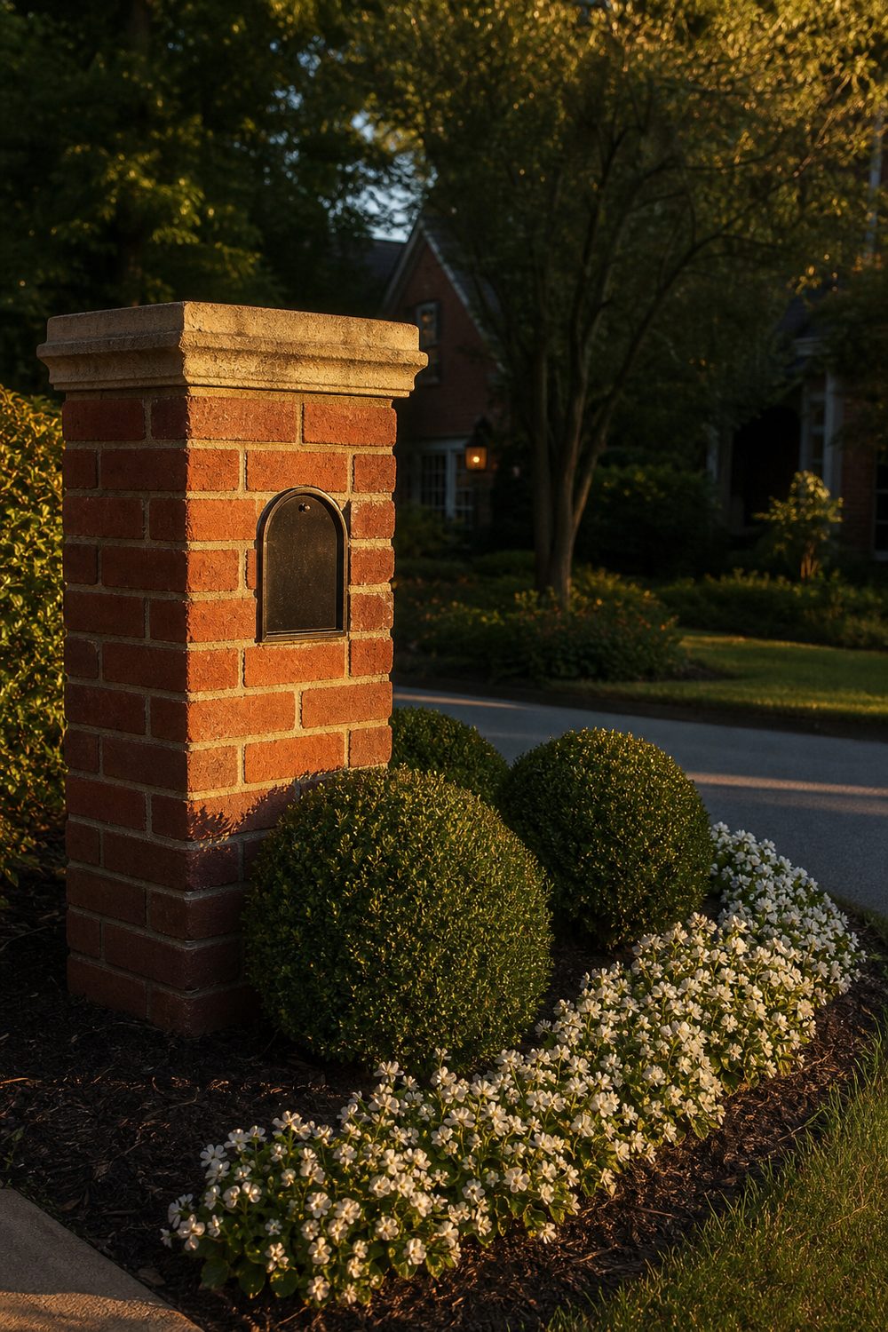 Red brick mailbox surround with a planted bed of boxwood and white annuals at its base in a front yard