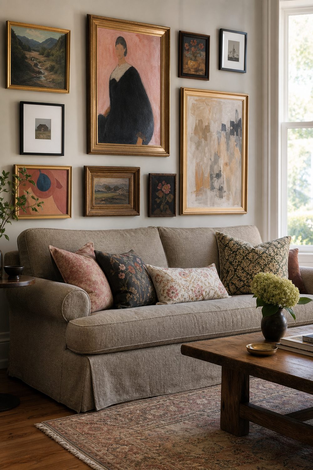 Taupe tweed Bridgewater sofa with low gently rolled arms and a relaxed skirt in a colorful art-filled room