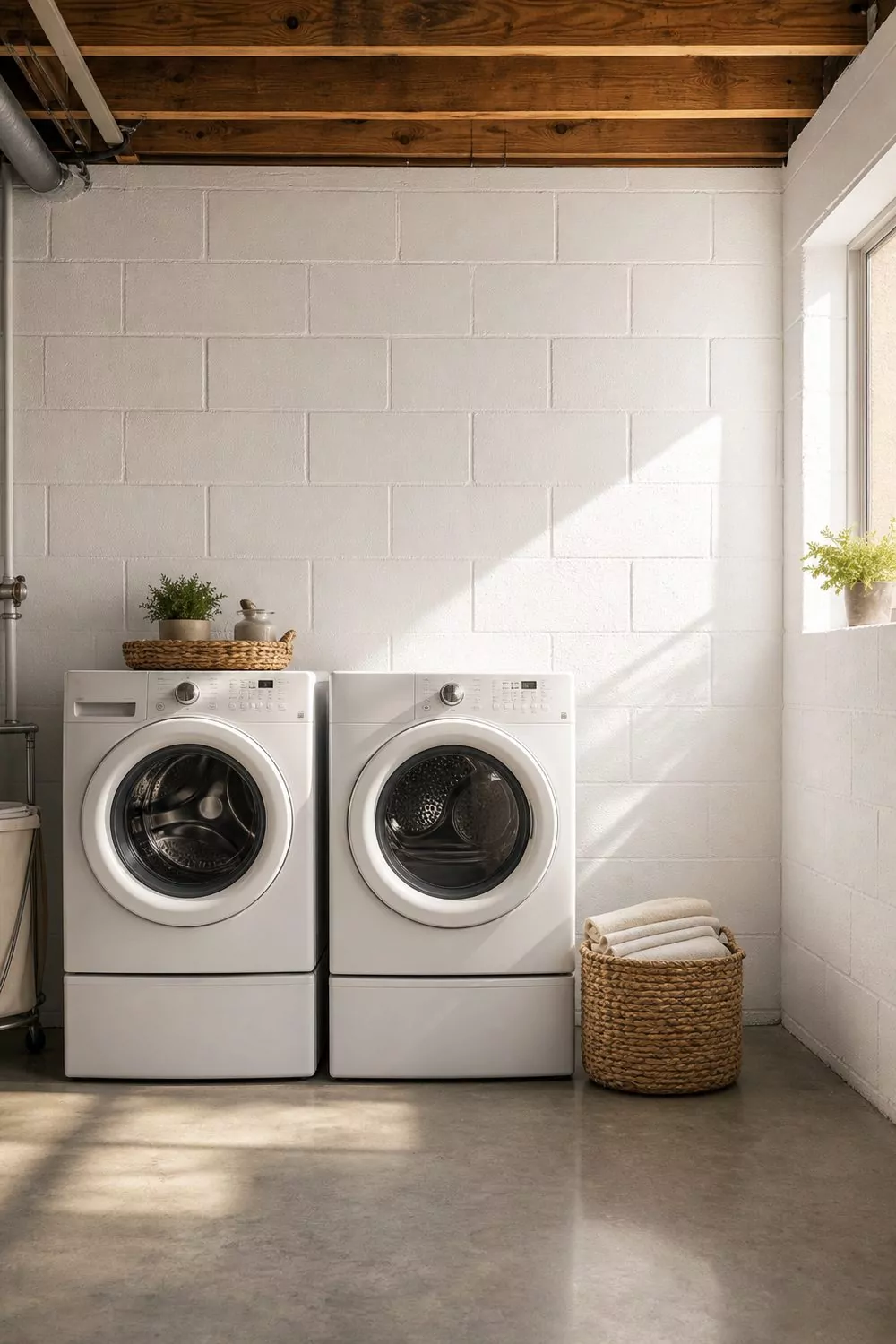 White painted concrete block wall behind a white front load washer and dryer in a basement laundry room with exposed wood joists and a sealed concrete floor