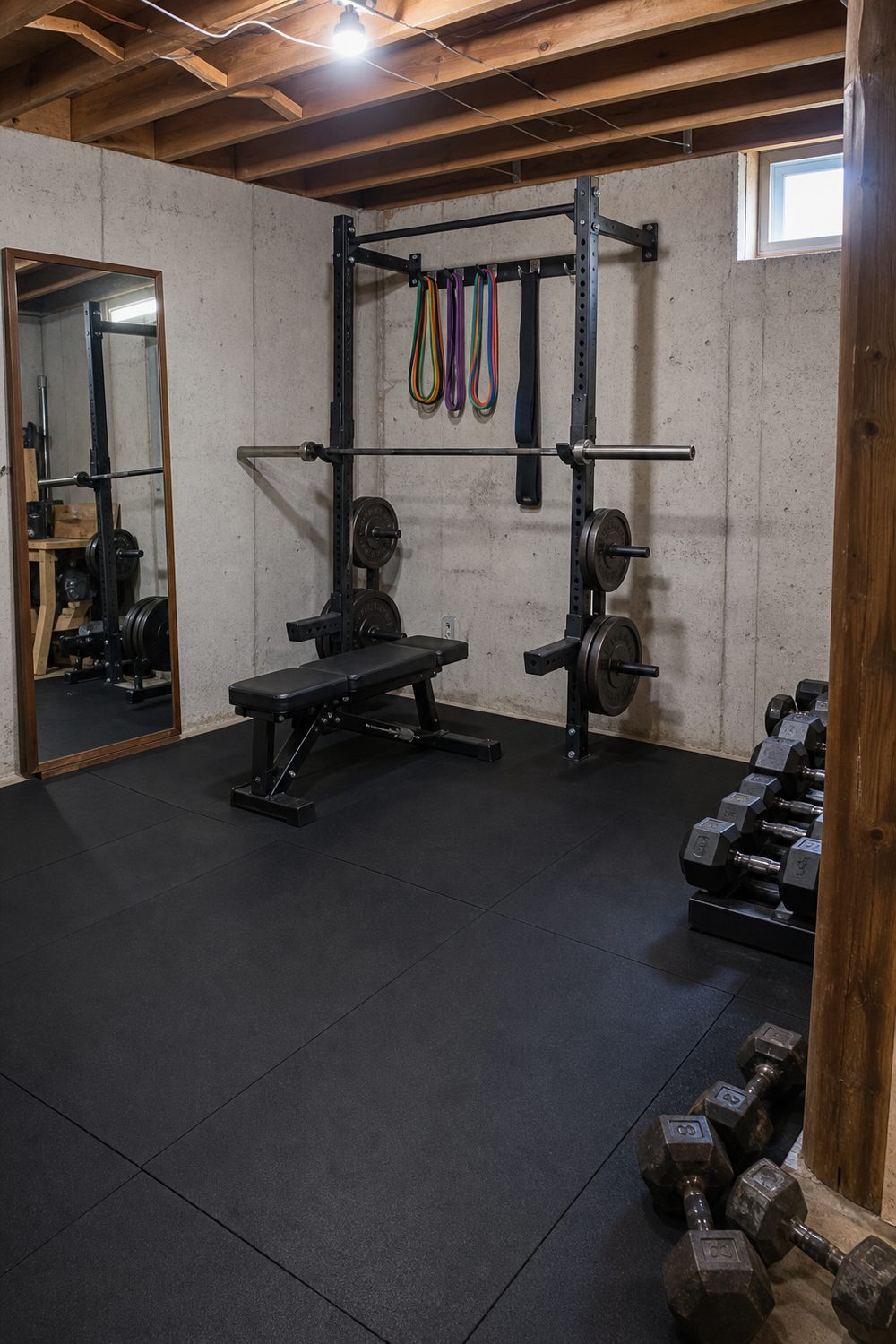 Budget basement gym corner with black rubber mats, a wall-mounted steel rack, bench and dumbbells under exposed joists