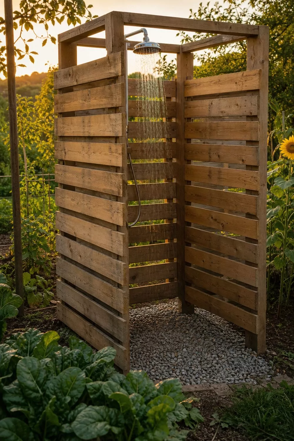 Budget DIY outdoor shower with sanded sealed pallet-wood privacy walls and a hose-fed head over gravel in a garden corner, golden-hour light