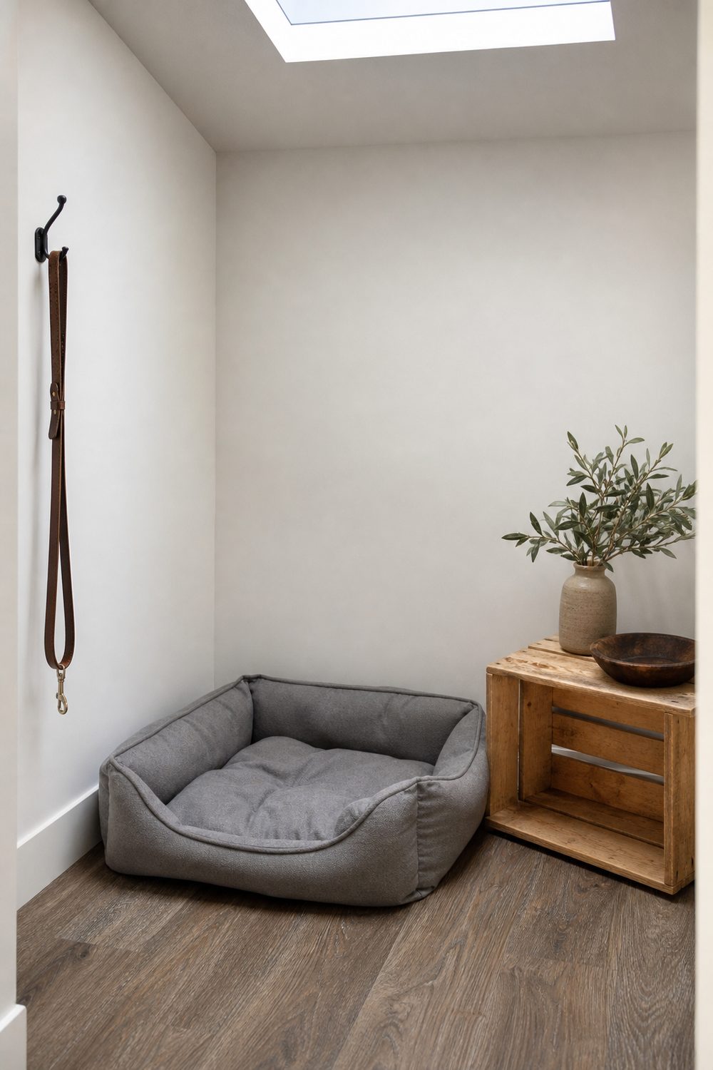Budget friendly dog room corner with an affordable washable bed and a repurposed pine crate side table