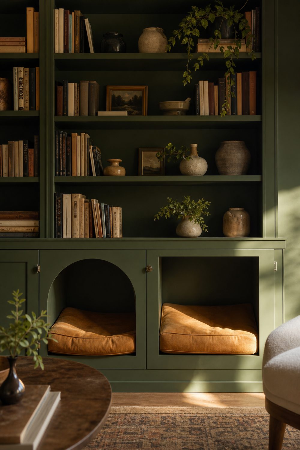 Forest green built in bookshelves with lower cubbies converted to cushioned cat nooks with arched entry