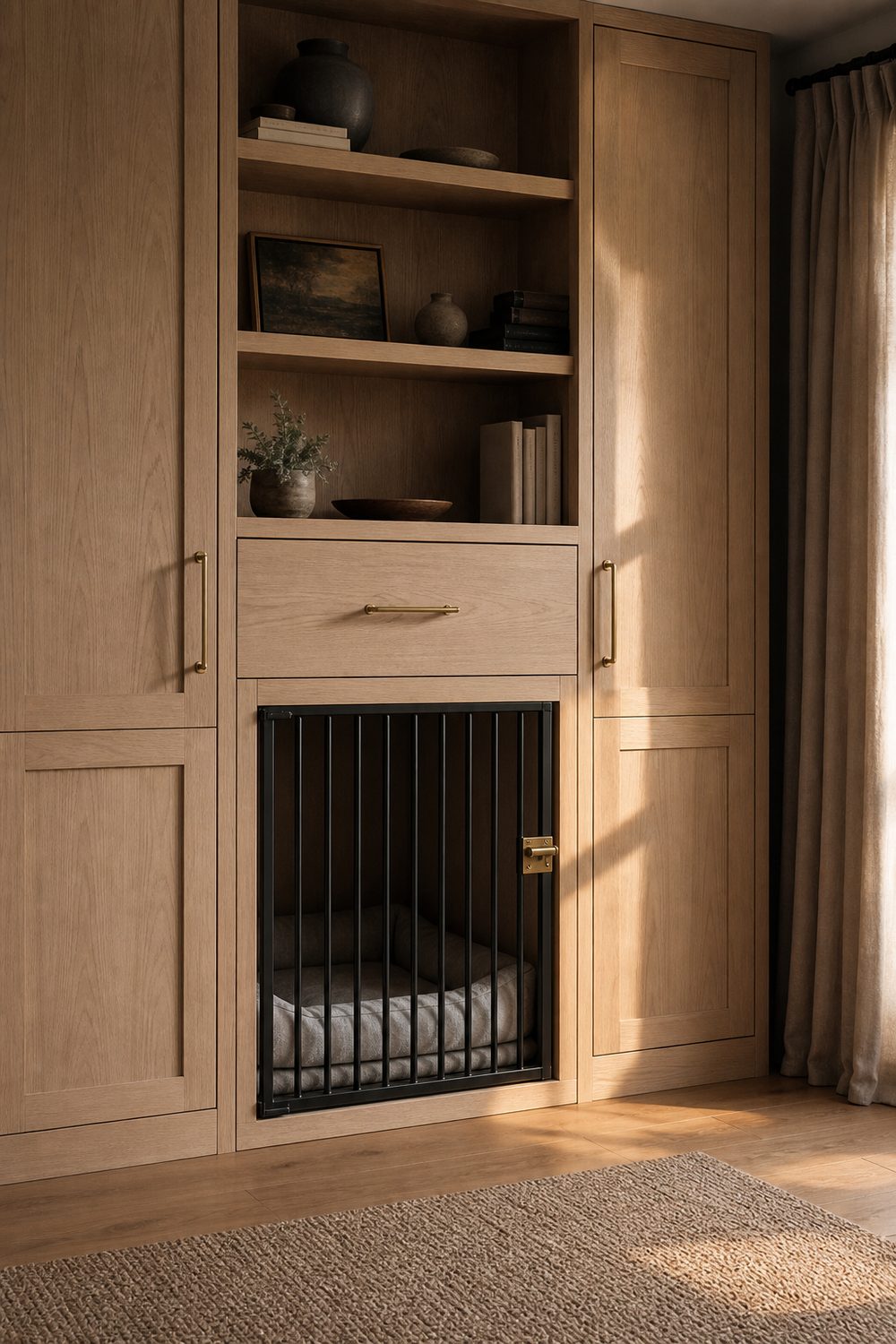 Built in dog crate cabinet with a black slatted door in white oak cabinetry and brass pull