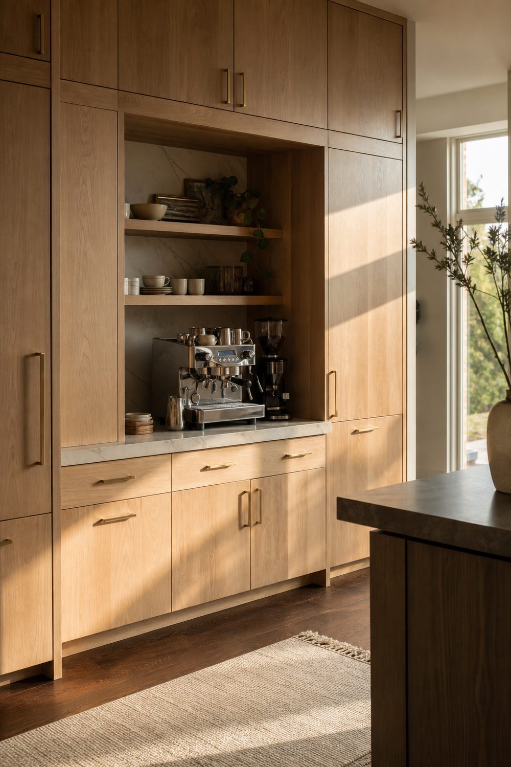 Built-in kitchen coffee station cabinet in white oak with an espresso machine and grinder on a quartz counter