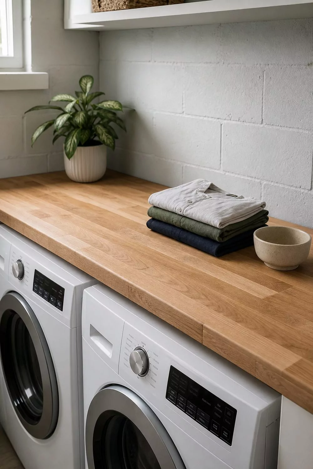 Oiled maple butcher block counter running over a pair of white front load machines in a basement laundry room with a painted block wall
