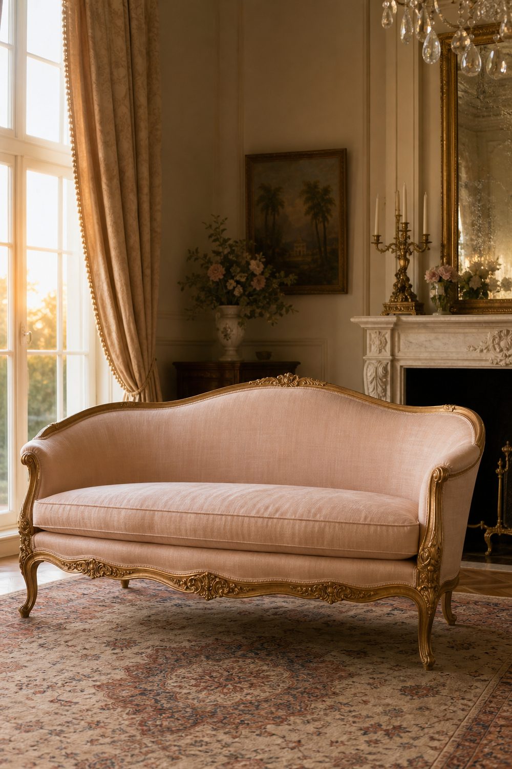 Blush cabriole sofa with a continuous curved back and gilded carved frame in a French-inspired sitting room