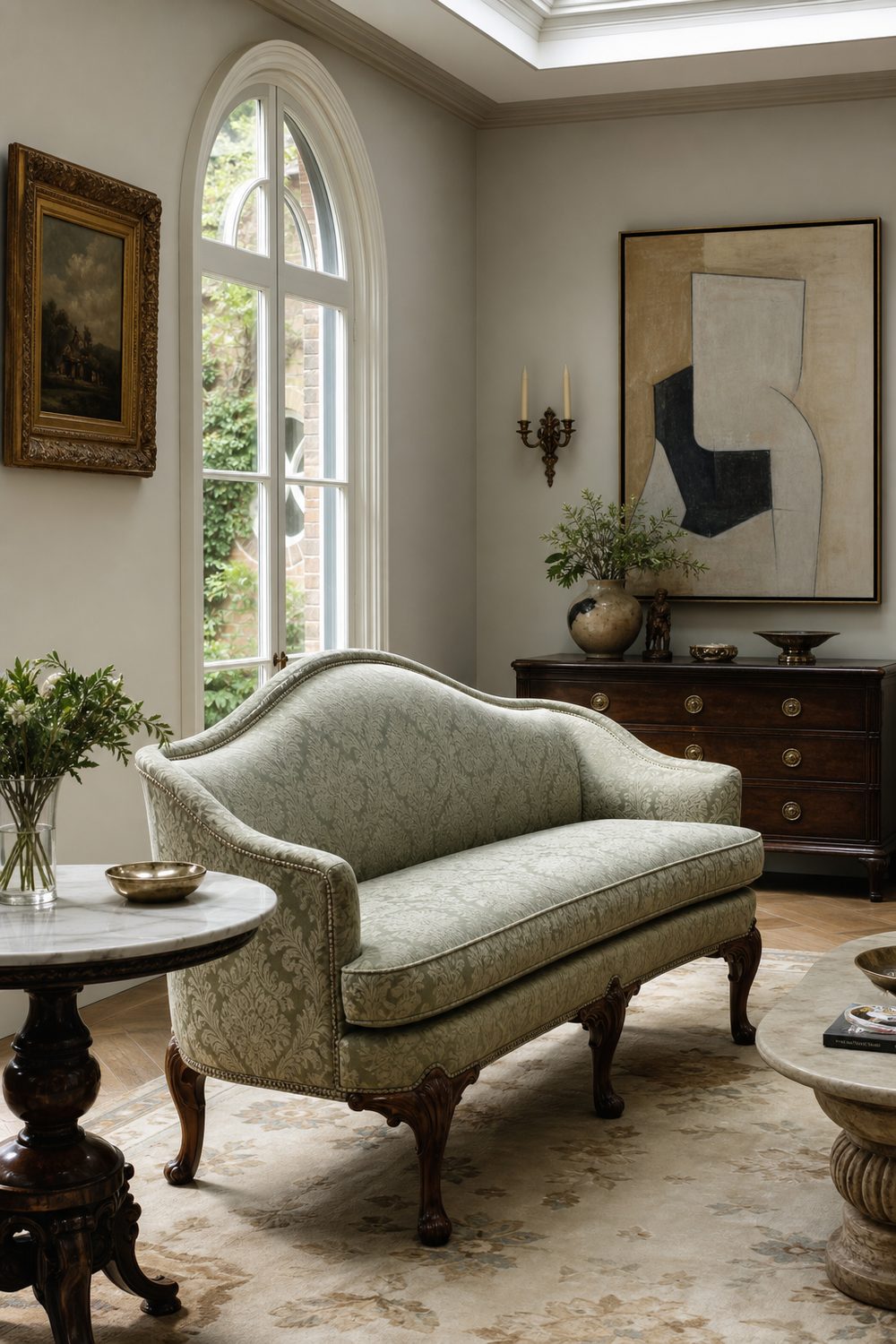Sage damask camelback sofa with an arched serpentine back and exposed carved wood legs in a refined sitting room