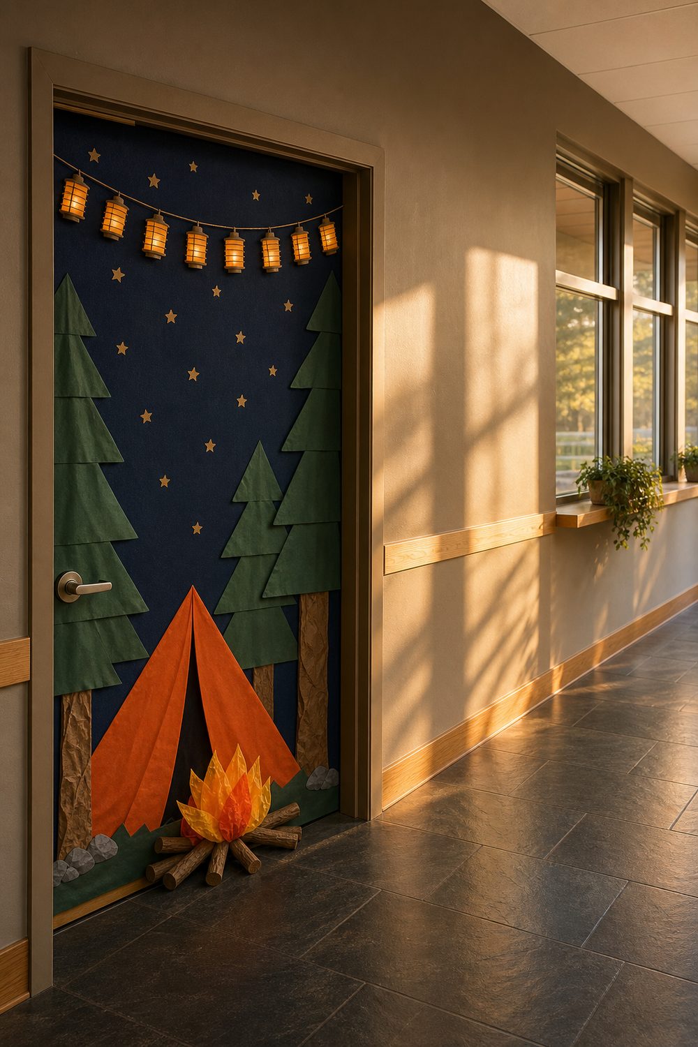 Camping themed classroom door with navy sky, orange paper tent, pine trees, tissue paper campfire, and paper lantern string
