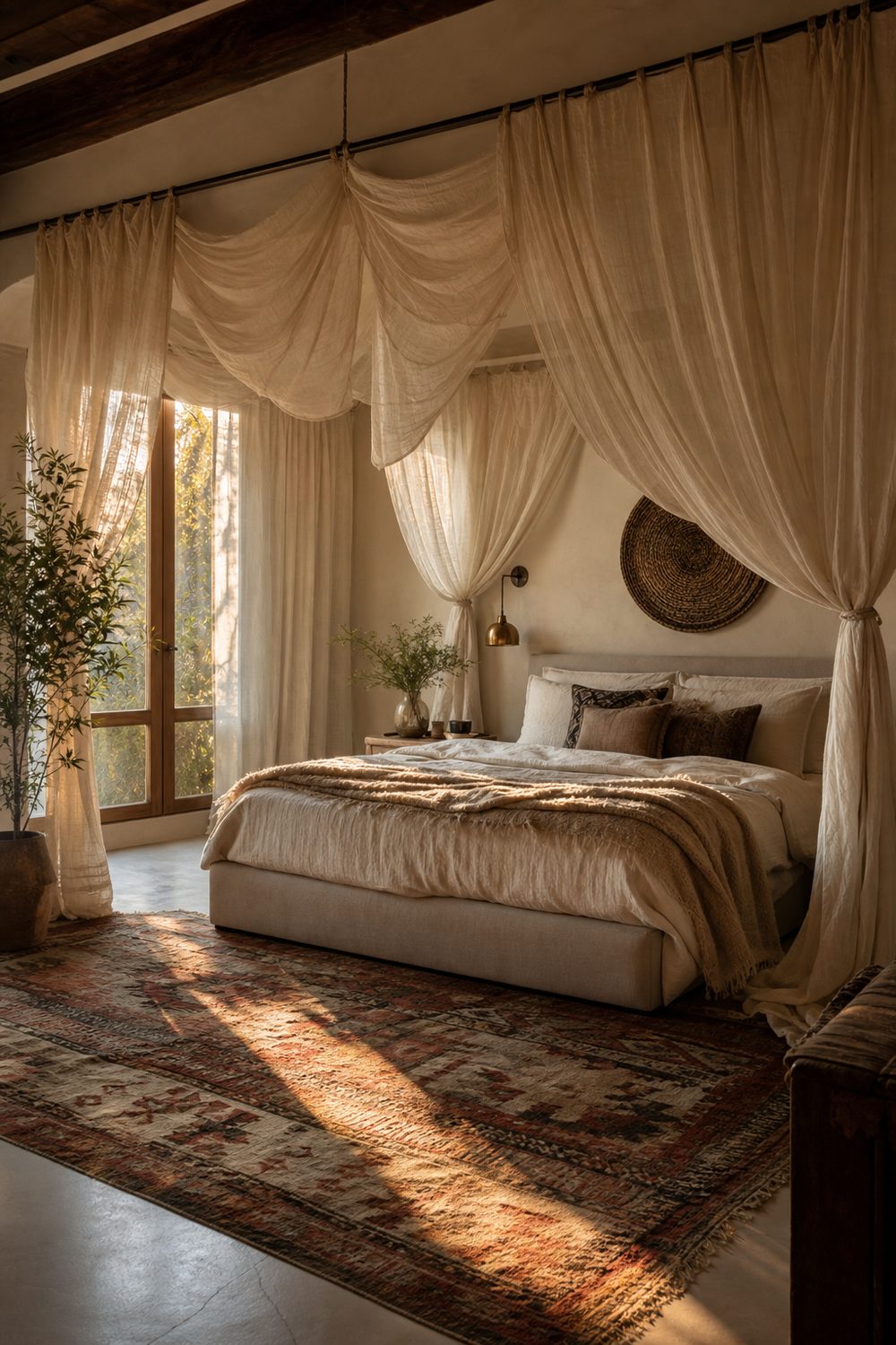 Soft ceiling-mounted gauze drapery framing an upholstered bed with layered neutral linens in a bohemian bedroom