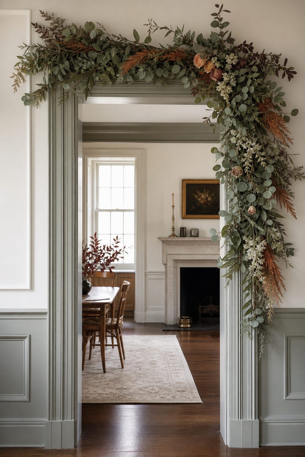 Eucalyptus and floral garland cascading from the top of a doorway down one side of the frame, soft diffused morning light