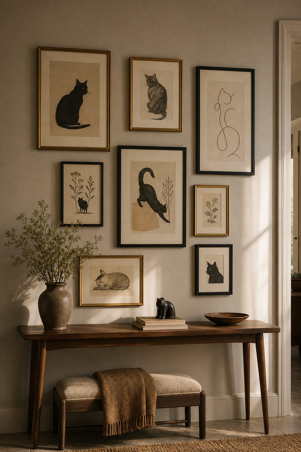 Cat themed gallery wall with vintage cat illustrations and line art in brass and black frames above a walnut console