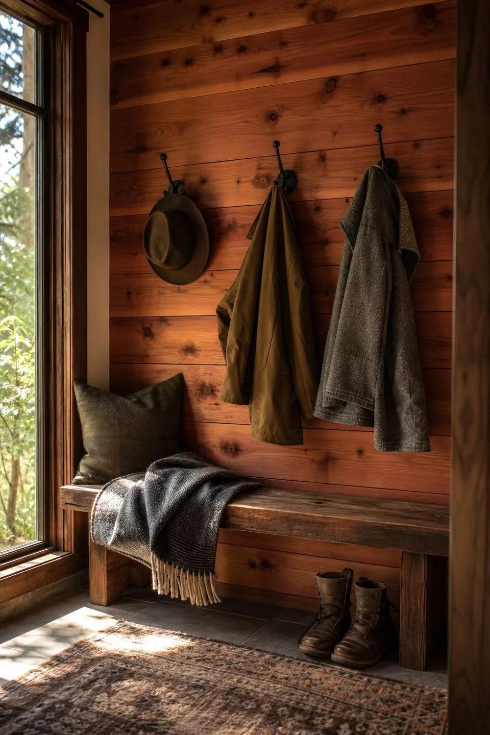 Natural cedar plank accent wall with knots and rich reddish grain behind a wood bench in a cabin mudroom