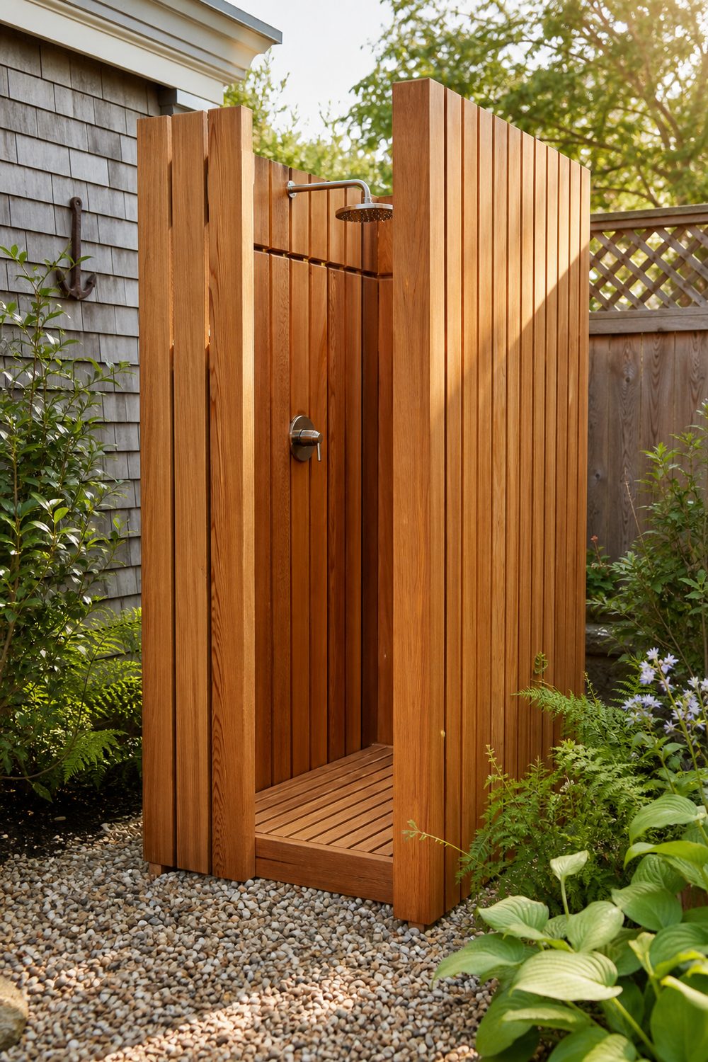 Cedar slat outdoor shower enclosure with brushed-nickel head and teak duckboard floor in a landscaped backyard, warm afternoon light