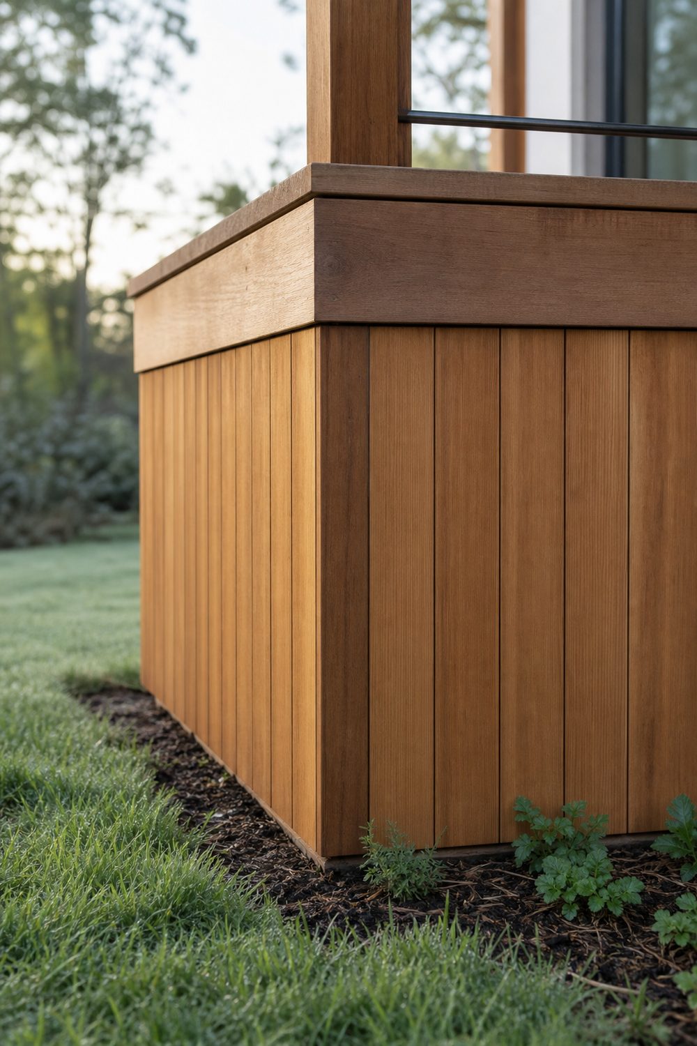 Cedar Tongue and Groove Skirting on a raised backyard deck, clear cedar tongue-and-groove boards, soft morning light from the east