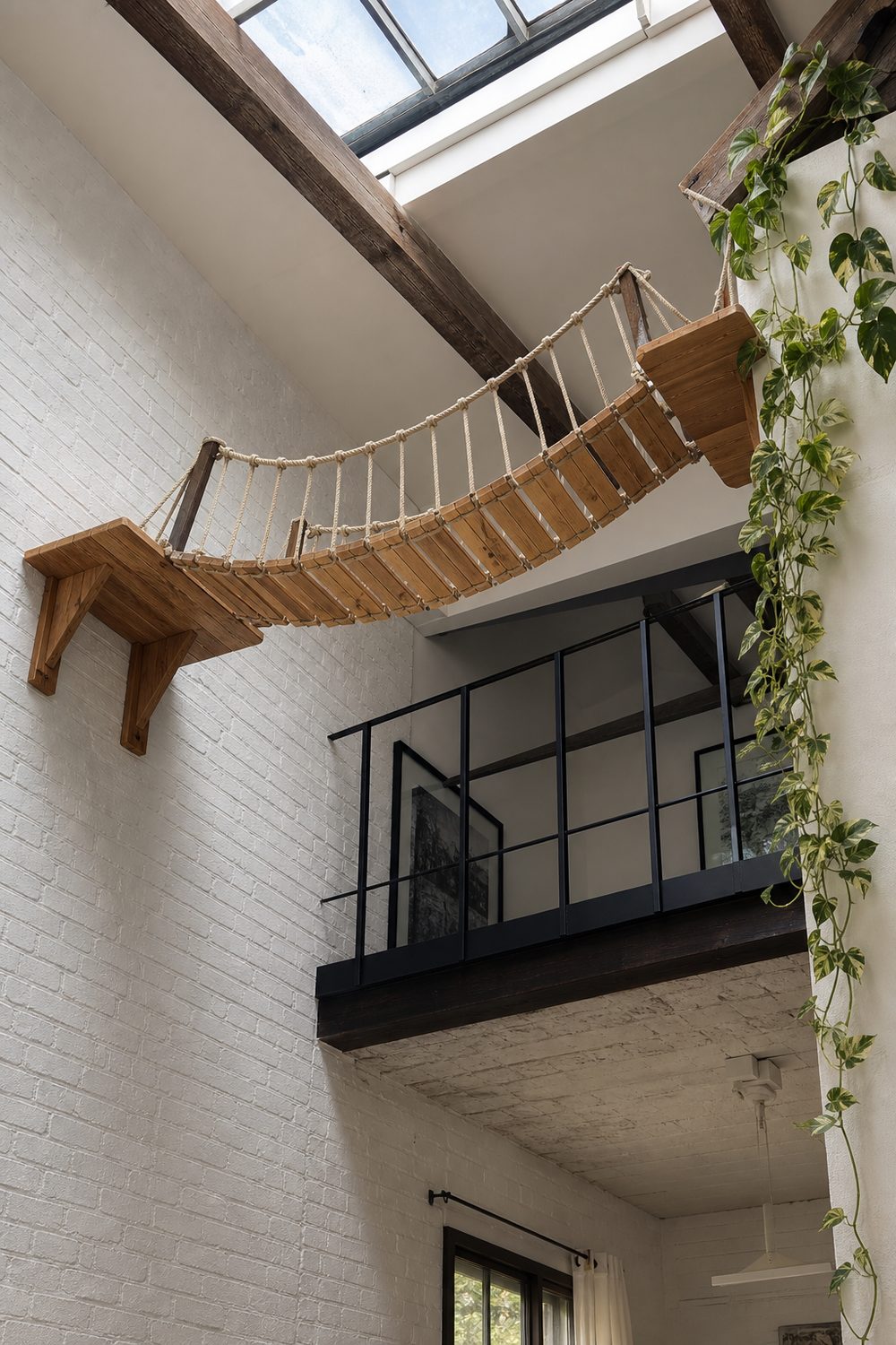 Suspended wood and rope cat bridge walkway spanning near the ceiling of a loft with white brick walls
